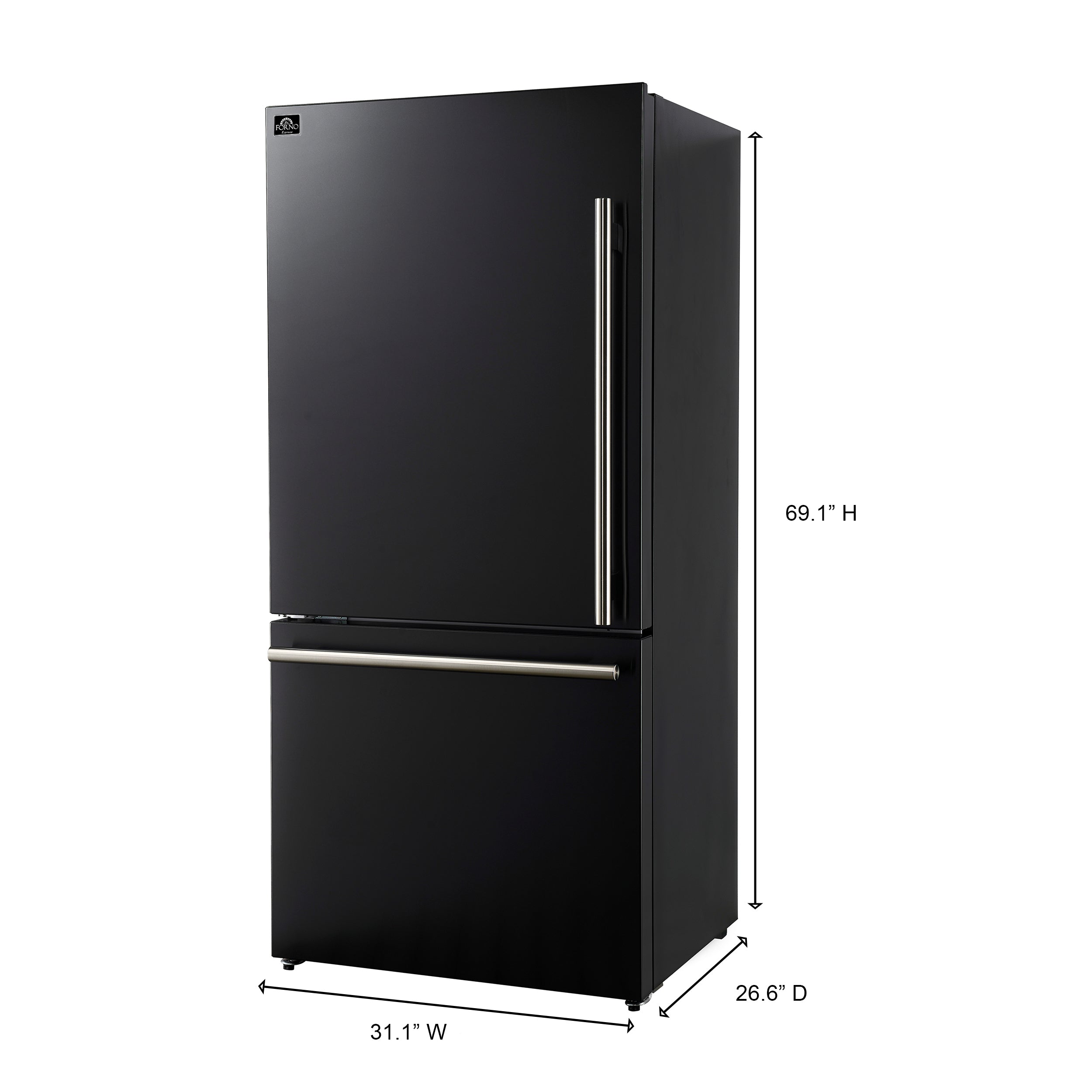 Forno Espresso Milano 31 in. 17.2 cu.ft. Black Left Swing Refrigerator with Bottom Freezer, Ice maker and Antique Brass Handles | FFFFD1786-31BLK