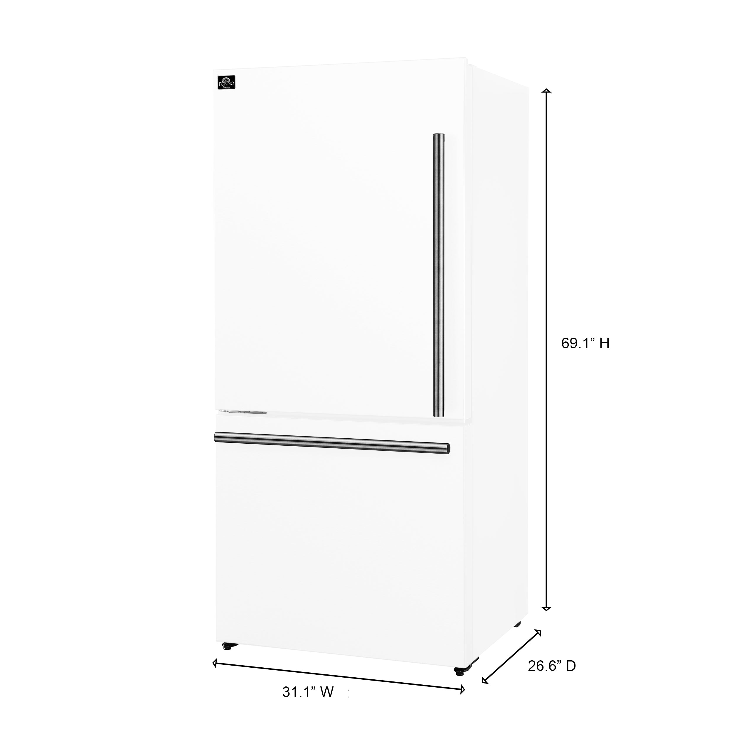 Forno Espresso Milano 31 in. 17.2 cu.ft. White Left Swing Refrigerator with Bottom Freezer, Ice Maker and Antique Brass Handles | FFFFD1786-31WHT