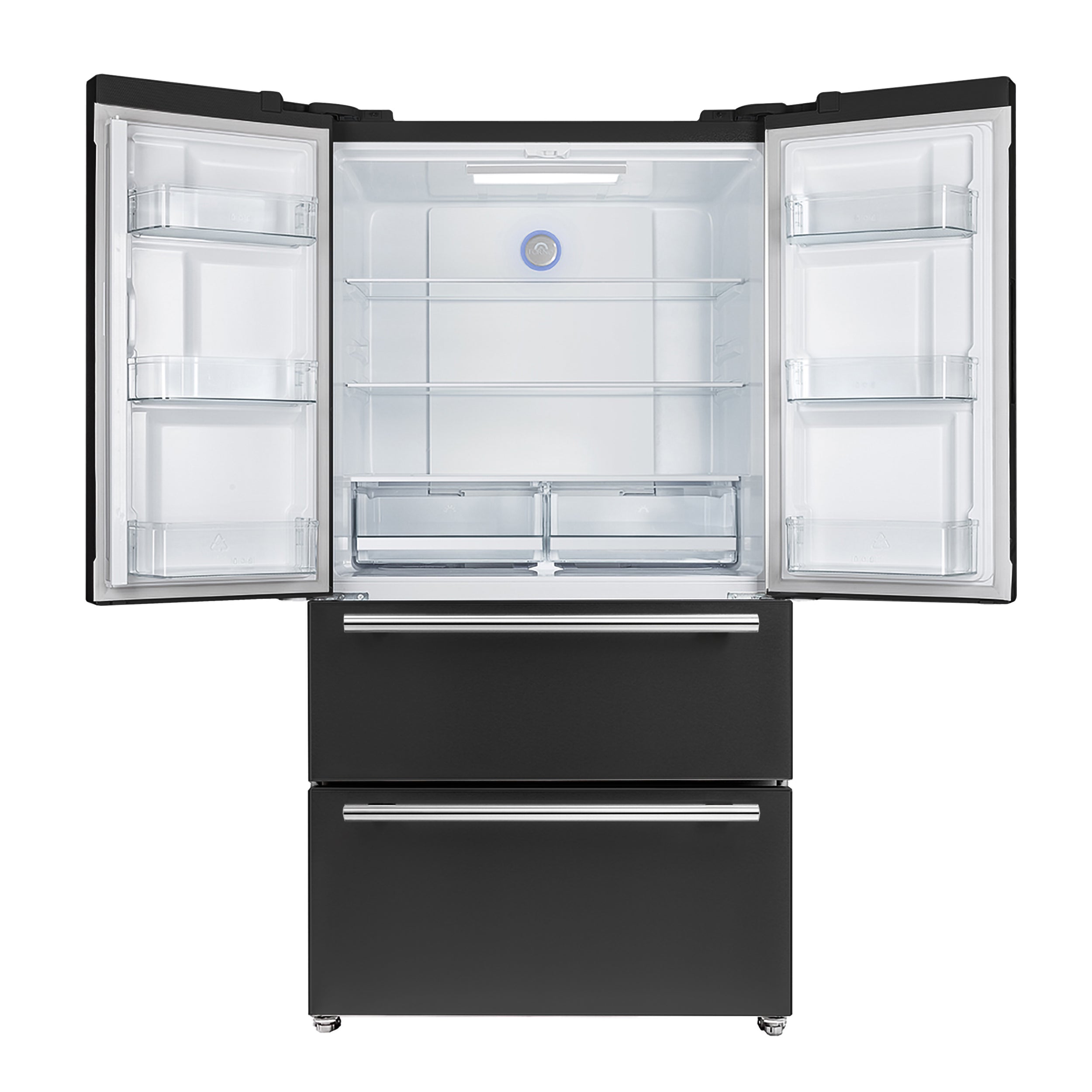 Forno Espresso Moena 36 in. 19.2 cu. ft. Counter Depth Black Refrigerator with Ice Maker and Antique Brass Handles | FFRBI1820-36BLK