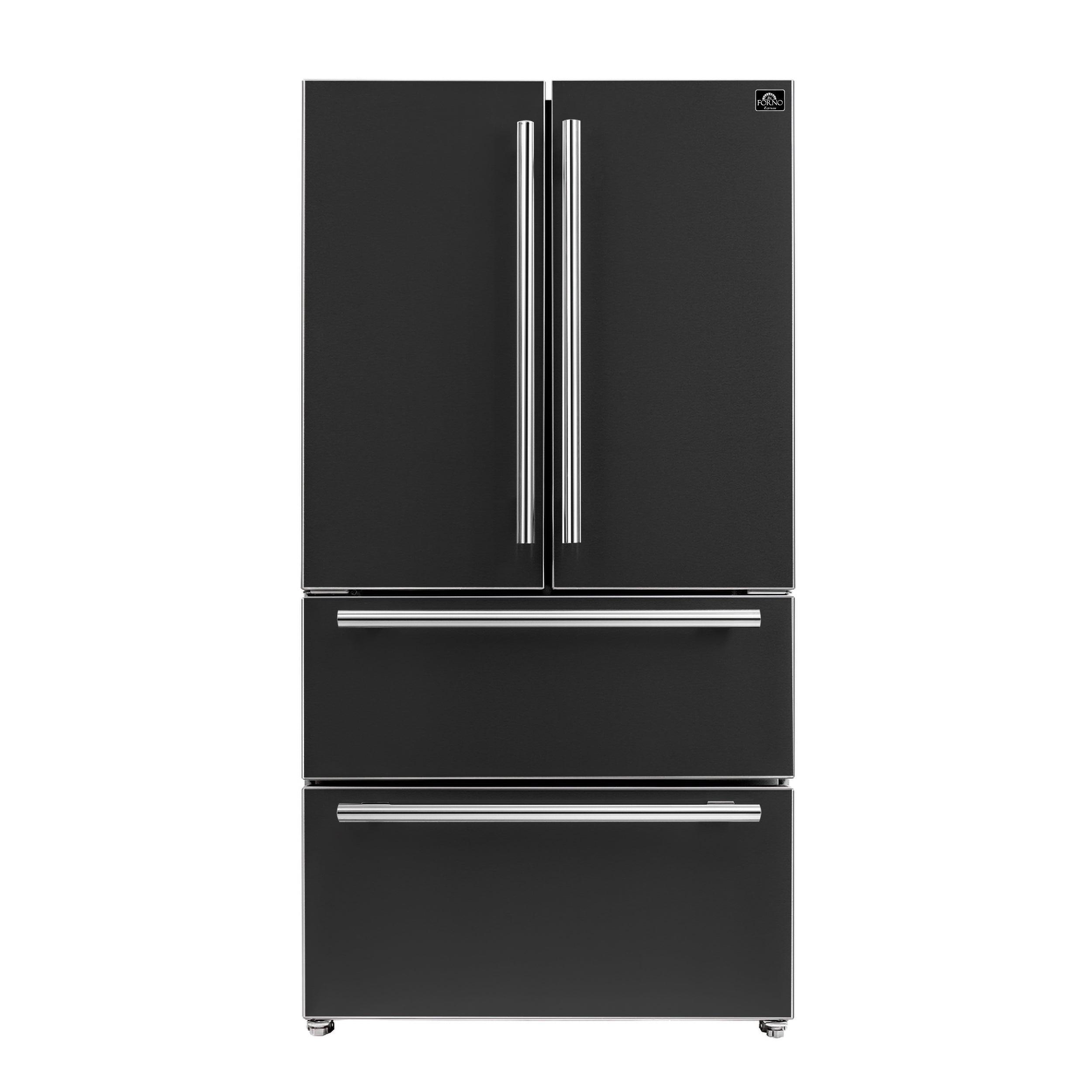 Forno Espresso Moena 36 in. 19.2 cu. ft. Counter Depth Black Refrigerator with Ice Maker and Antique Brass Handles | FFRBI1820-36BLK
