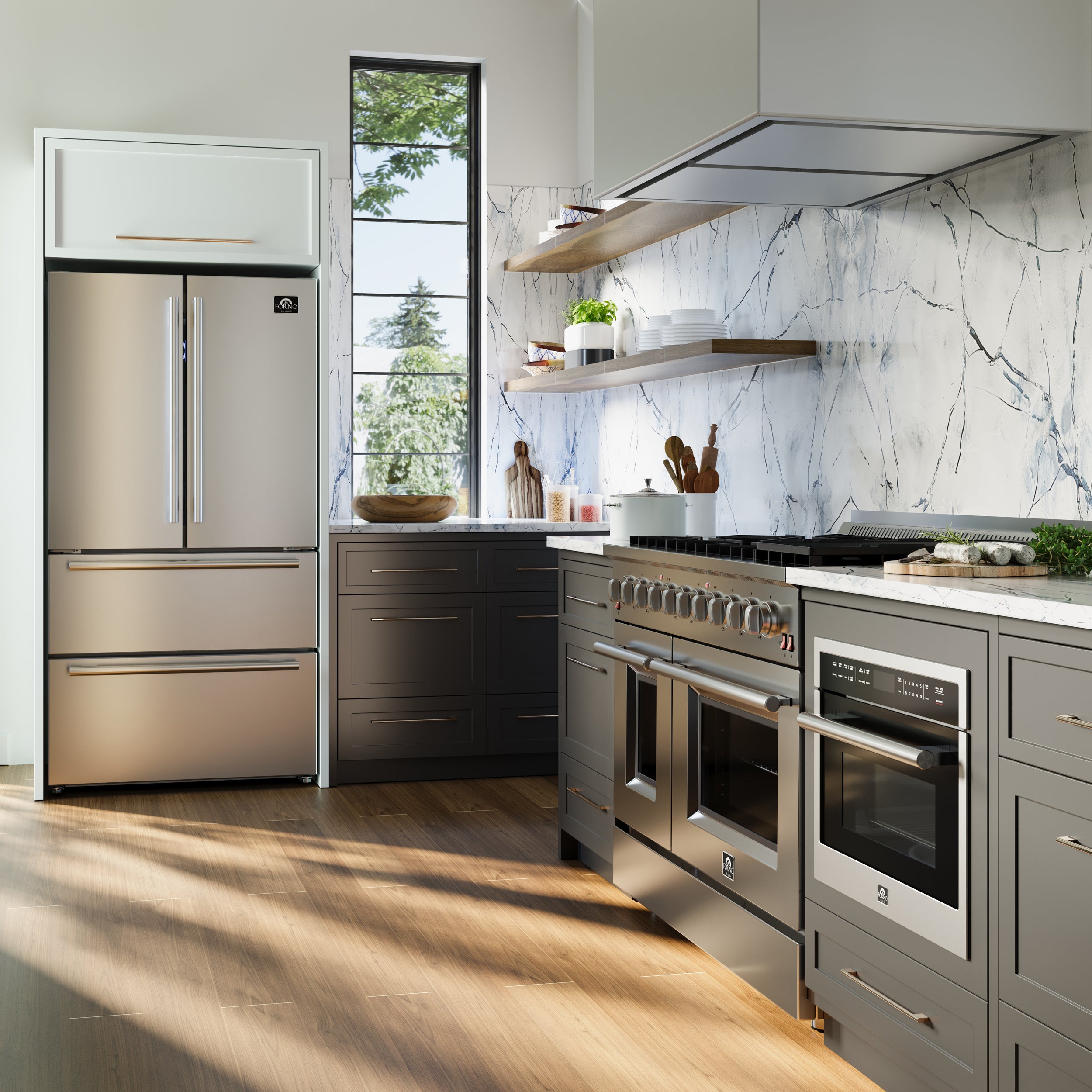 Forno Kitchen Package - 48" Gas Range, 60" Refrigerator, Wall Mount Range Hood | FBDL-018-02US