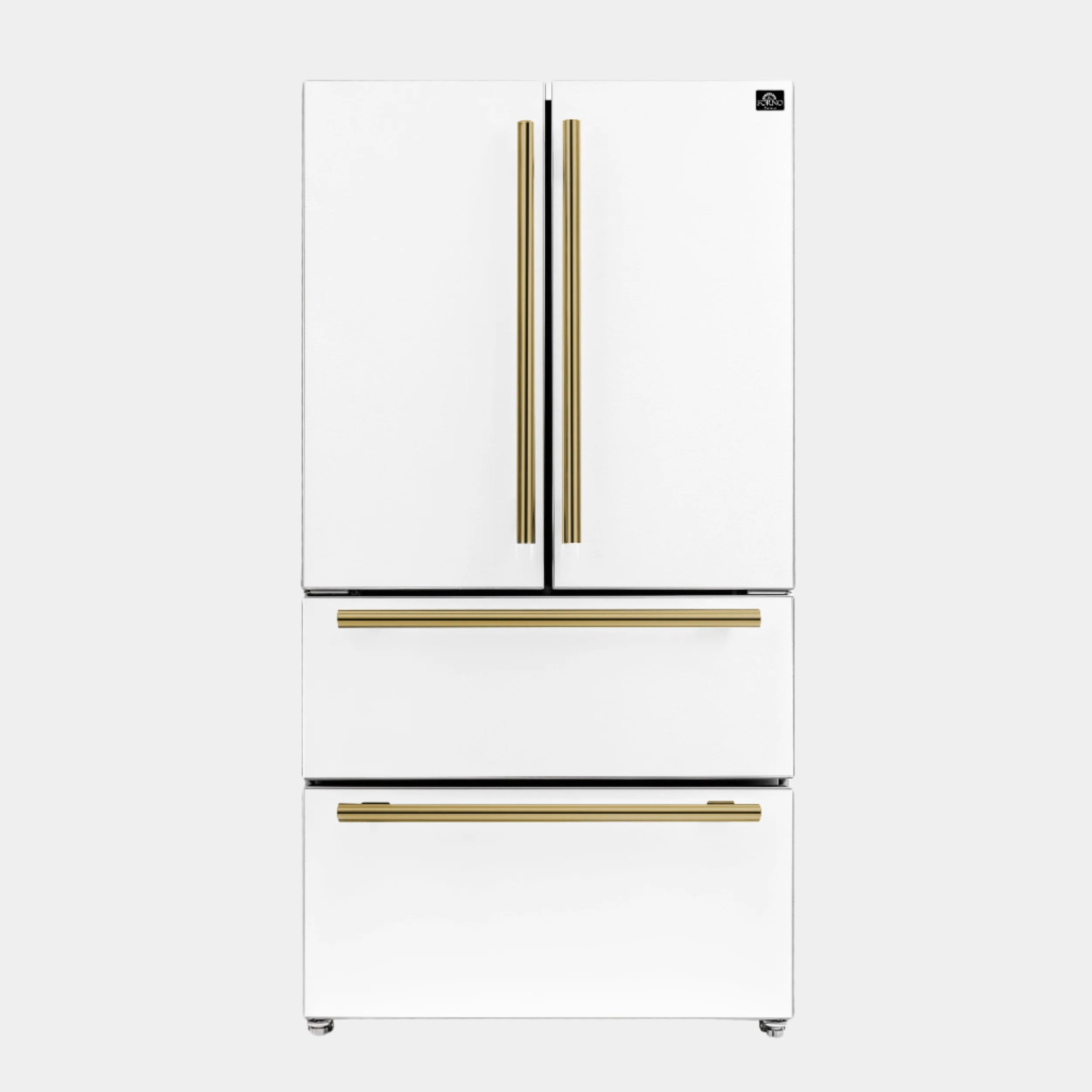Forno Espresso Moena 36 in. 19.2 cu. ft. Counter Depth White Refrigerator with Ice Maker and Antique Brass Handles | FFRBI1820-36WHT