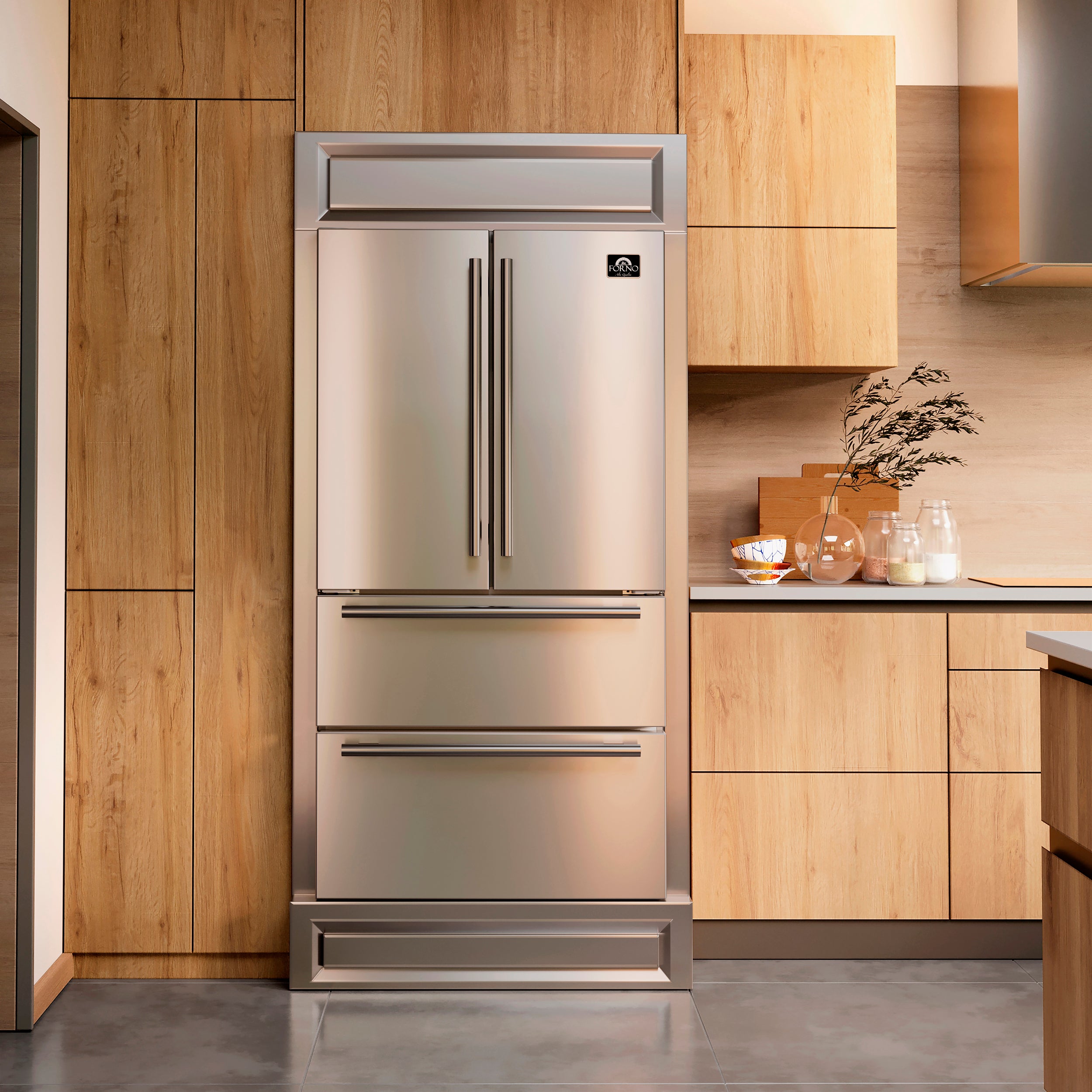 Forno Moena 40 in. 19.2 cu. ft. Built-In Stainless Steel Refrigerator with Ice Maker and Decorative Trim Kit | FFRBI1820-40MG