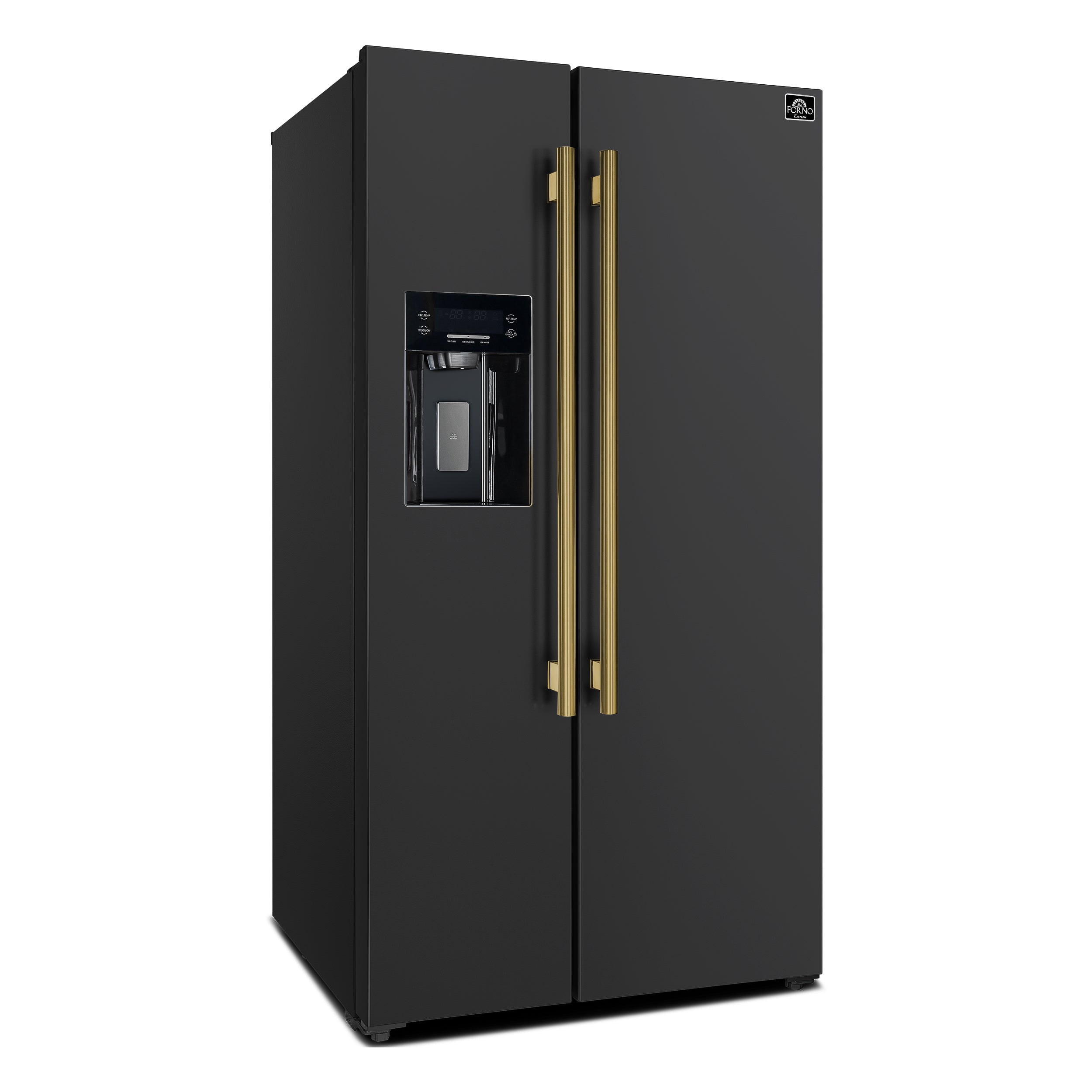 Forno Salerno 36 in. 20 cu. ft. Side-by-Side Black Refrigerator with Water, Ice Dispenser and Antique Brass Accents | FFRBI1844-36BLK