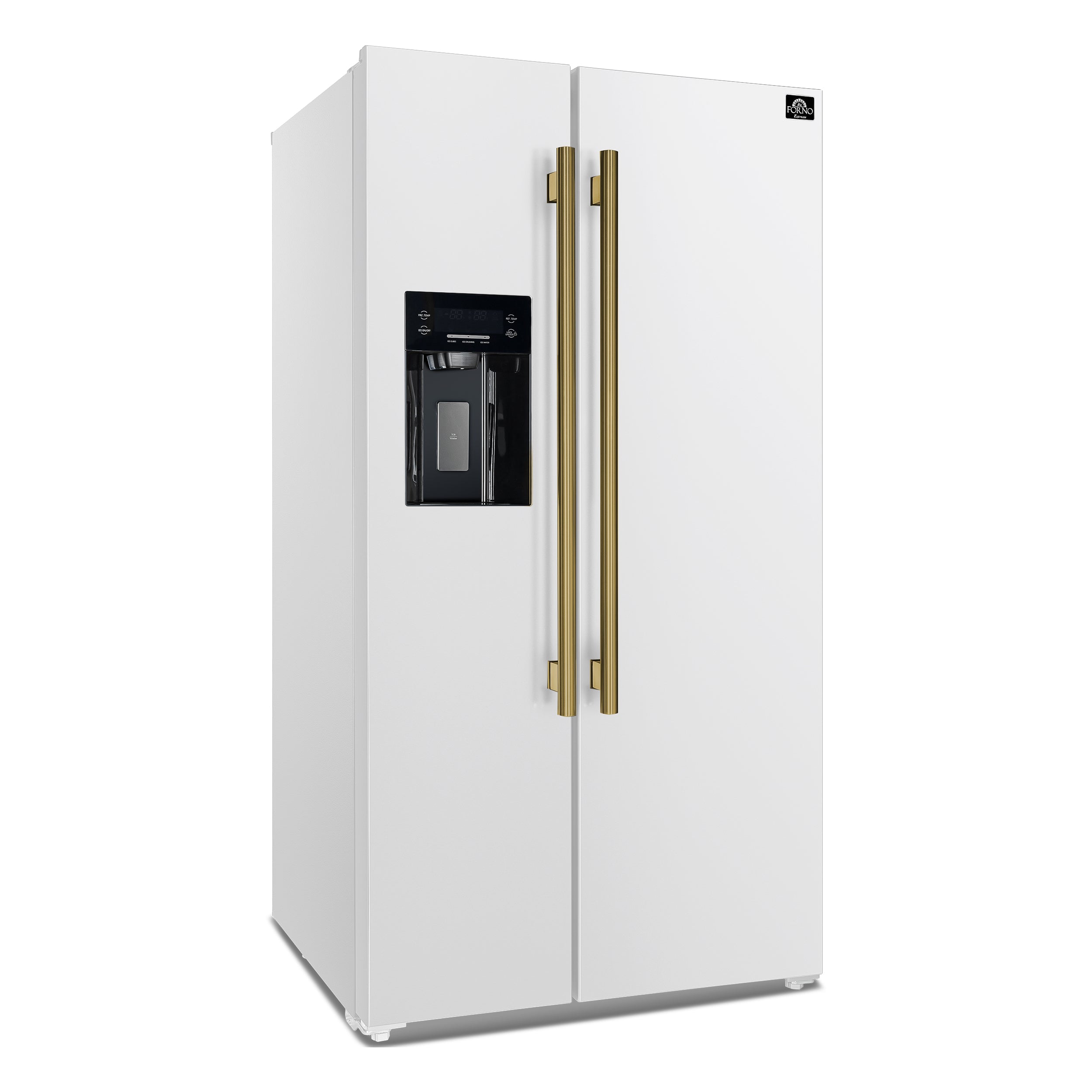 Forno Salerno 36 in. 20 cu. ft. Side-by-Side White Refrigerator with Water, Ice Dispenser and Antique Brass Accents | FFRBI1844-36WHT