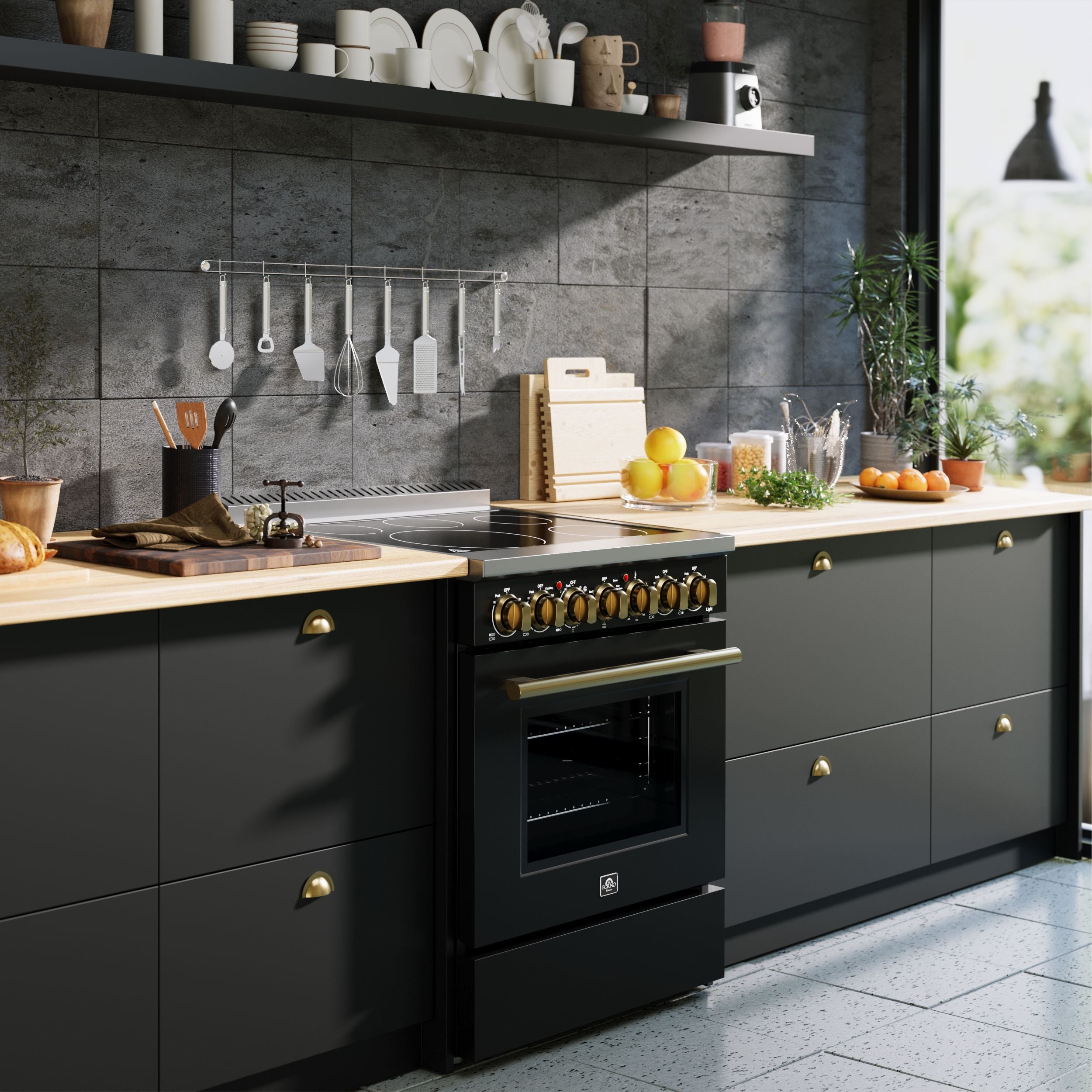 Forno Paolo 30 in. 4.38 cu. ft. Black Electric Range with Antique Brass Accents | FFSEL6011-30BLK