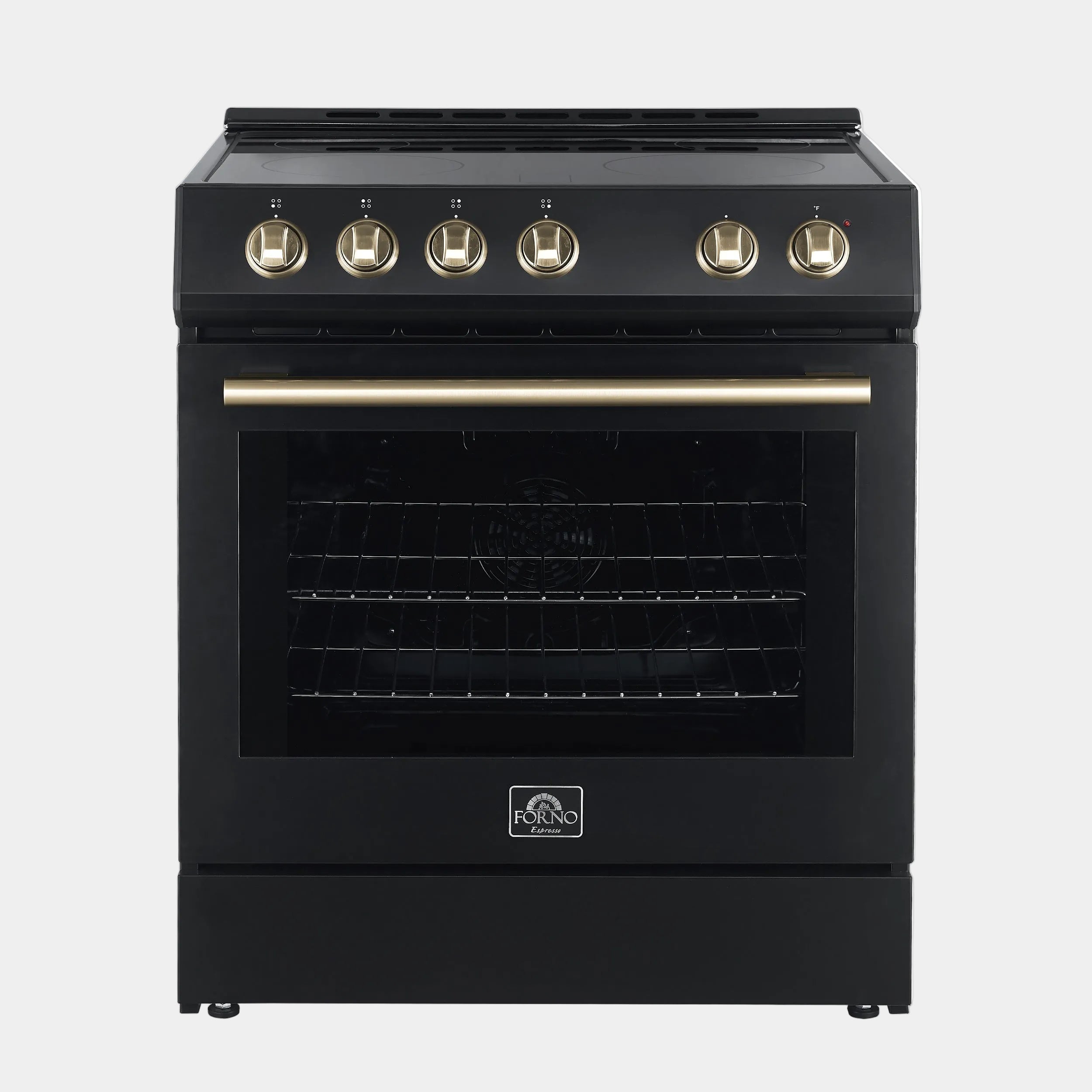Forno Espresso Black Package - 30" Electric Range, Range Hood, Refrigerator and Dishwasher with Antique Brass Handles | FBDL-006-02US