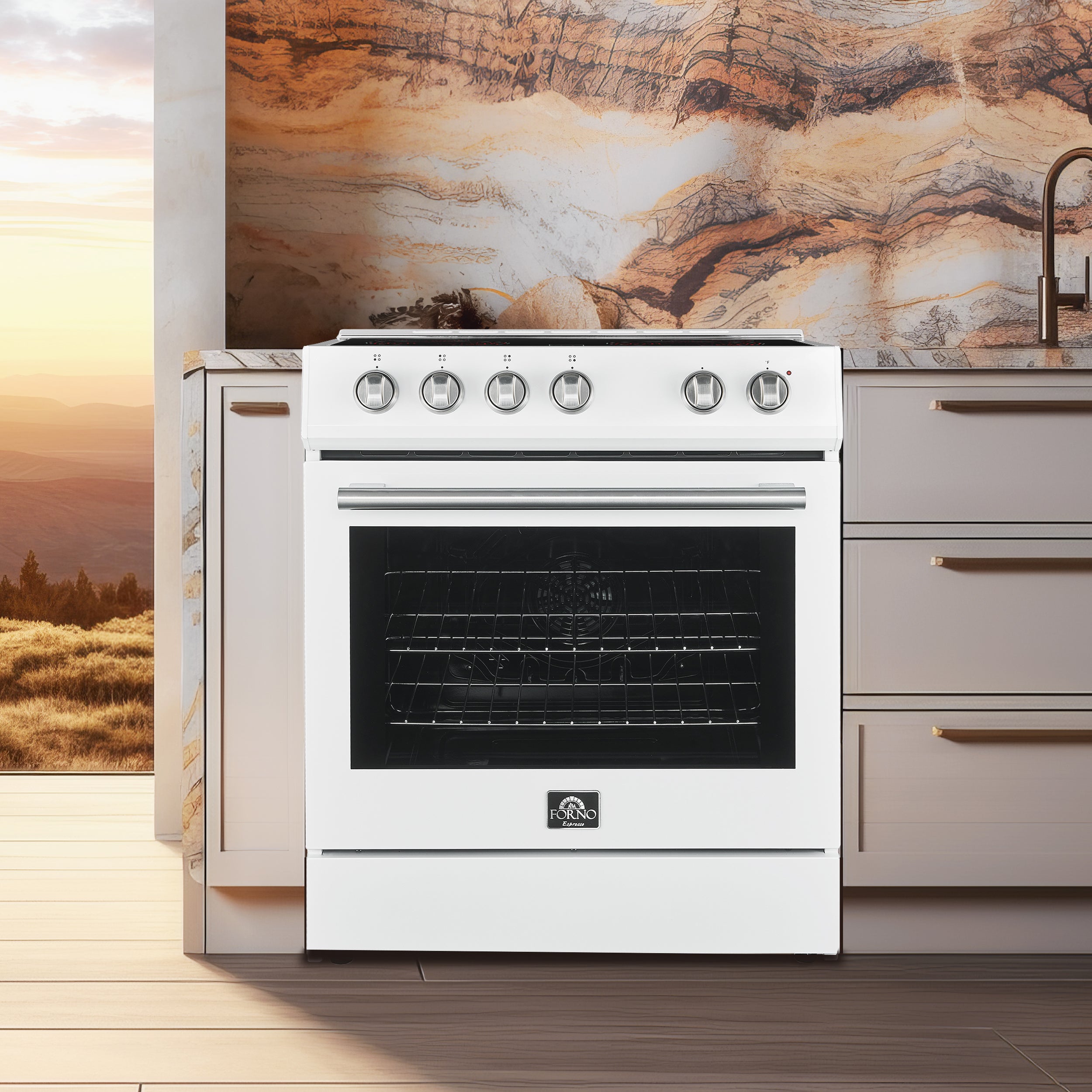 Forno Espresso Leonardo 30 in. 5 cu. ft. 4-Burner White Electric Range with Antique Brass Accents | FFSEL6012-30WHT