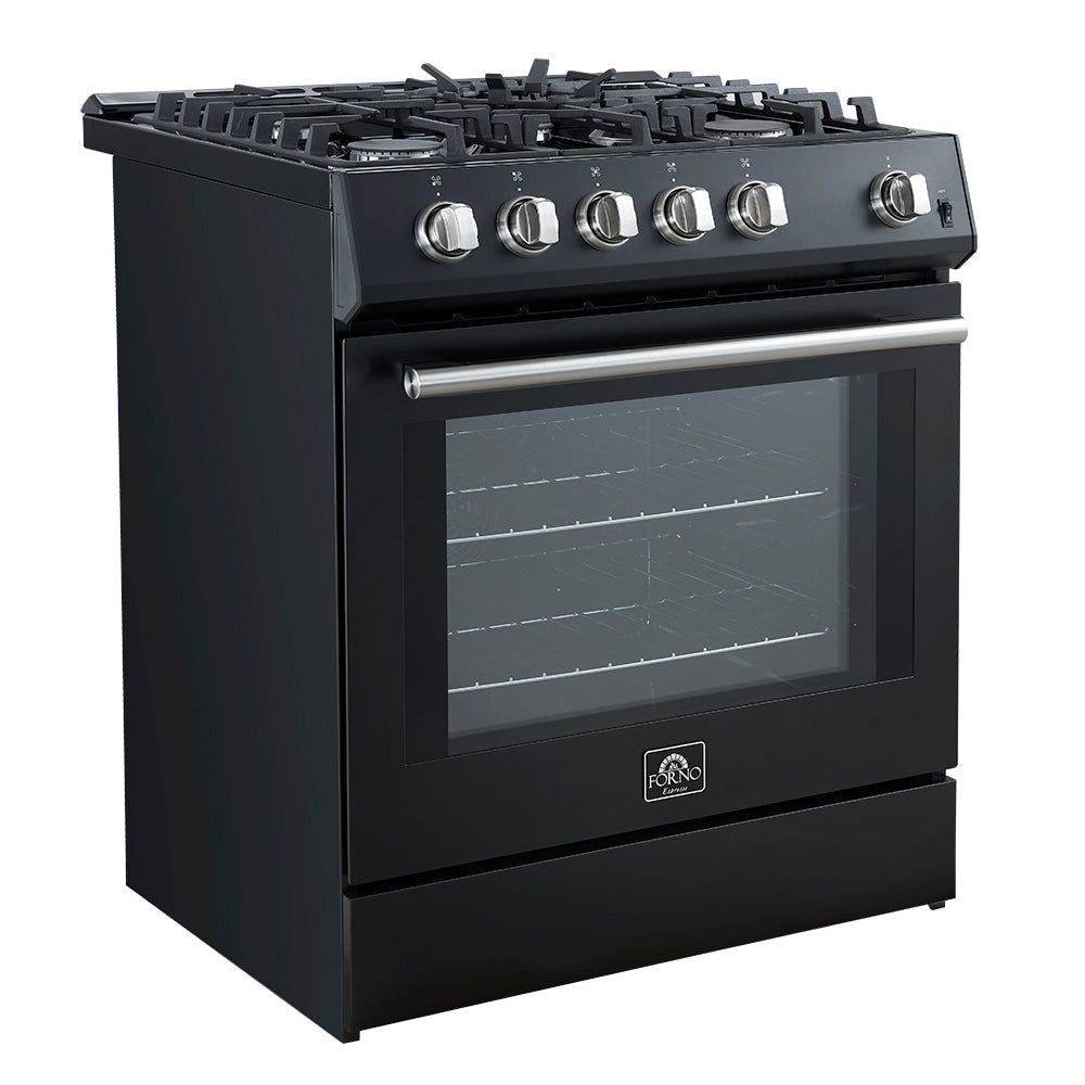 Forno Espresso Leonardo 30 in. 5 cu. ft. 5-Burner Black Gas Range with Antique Brass Accents | FFSGS1116-30BLK