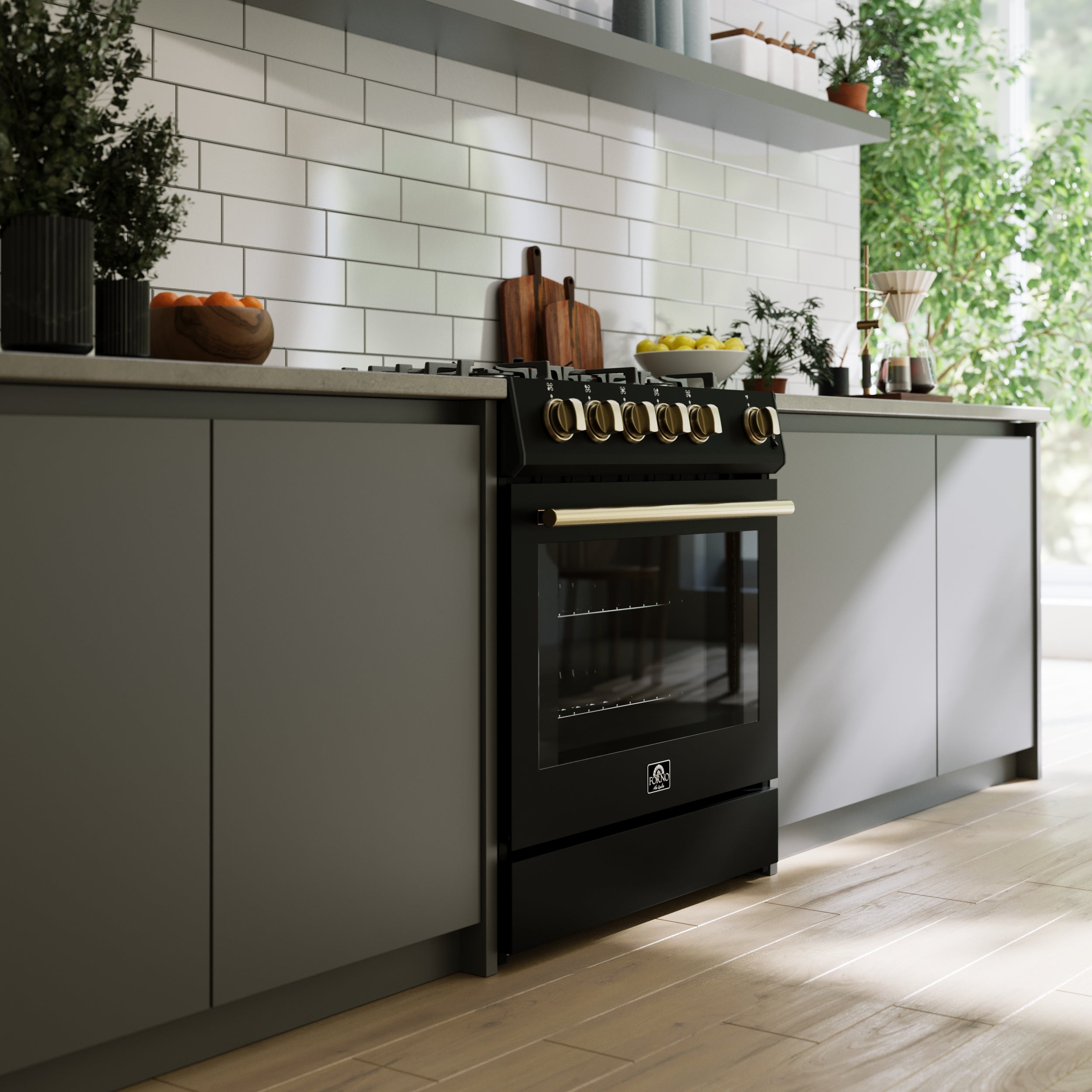 Forno Espresso Leonardo 30 in. 5 cu. ft. 5-Burner Black Gas Range with Antique Brass Accents | FFSGS1116-30BLK