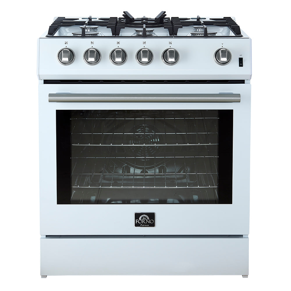 Forno Espresso Leonardo 30 in. 5 cu. ft. 5-Burner White Gas Range with Antique Brass Accents | FFSGS1116-30WHT