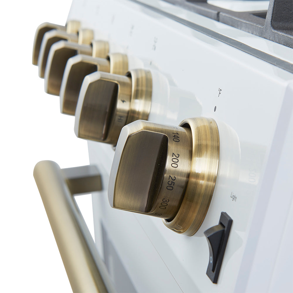 Forno Espresso Leonardo 30 in. 5 cu. ft. 5-Burner White Gas Range with Antique Brass Accents | FFSGS1116-30WHT