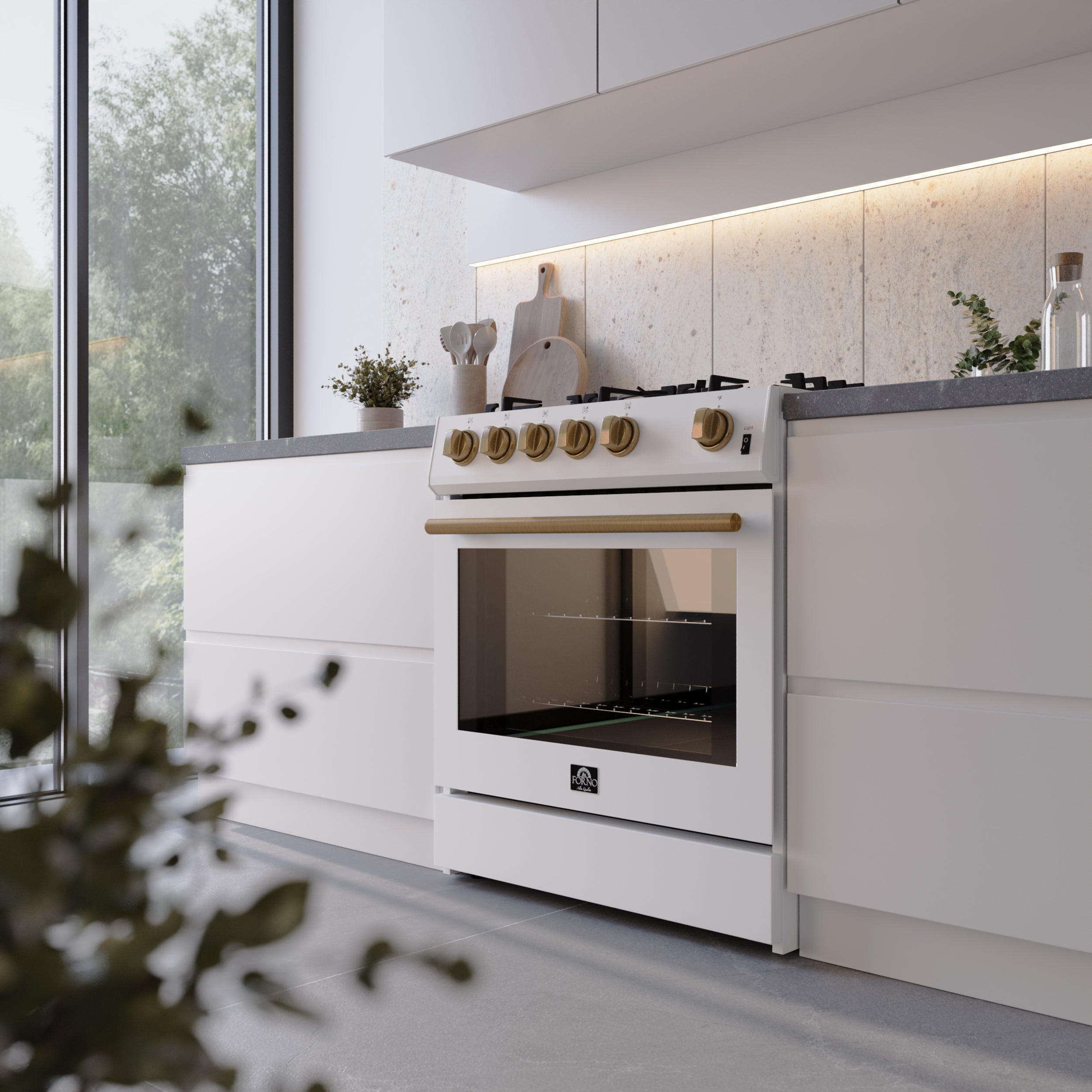 Forno Espresso Leonardo 30 in. 5 cu. ft. 5-Burner White Gas Range with Antique Brass Accents | FFSGS1116-30WHT