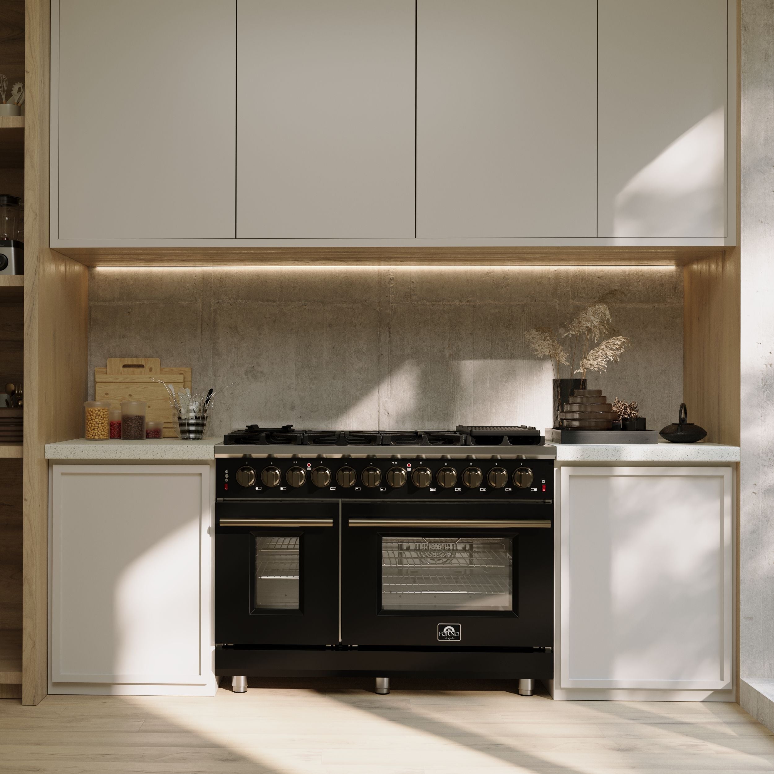 Forno Massimo 48 in. 6.58 cu. ft. 8-Burner Black Dual Fuel Range with Antique Brass Accents | FFSGS6125-48BLK