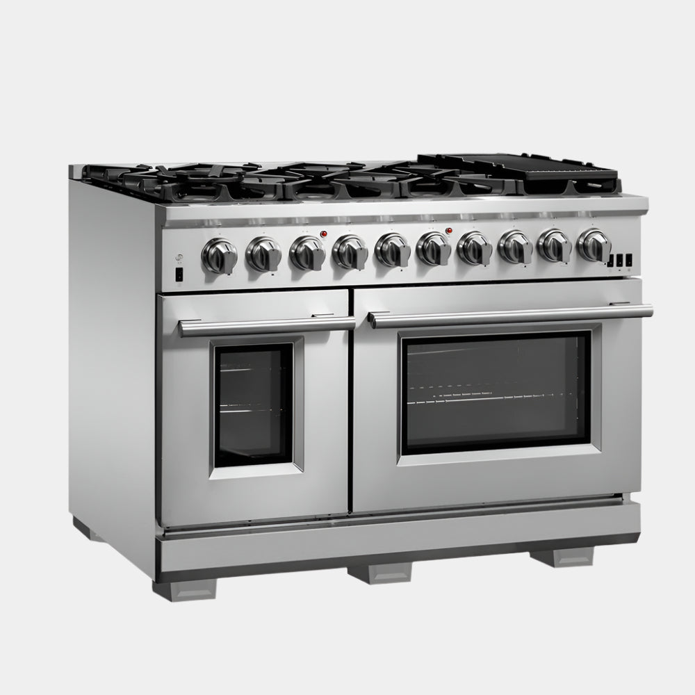 FORNO Capriasca 48-inch Gas Range Stainless Steel, 8 Brass Burners 160,000 BTU, 6.58 cu.ft. Double Oven