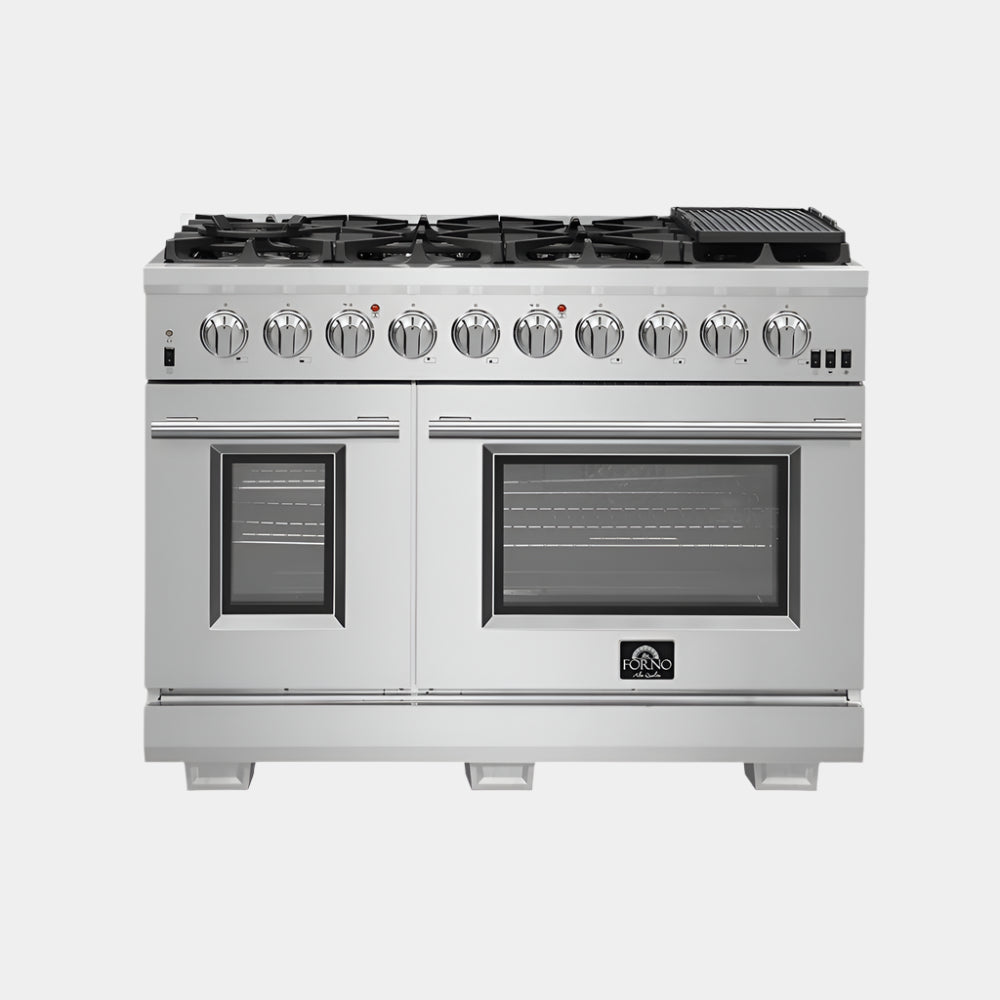 FORNO Capriasca 48-inch Gas Range Stainless Steel, 8 Brass Burners 160,000 BTU, 6.58 cu.ft. Double Oven
