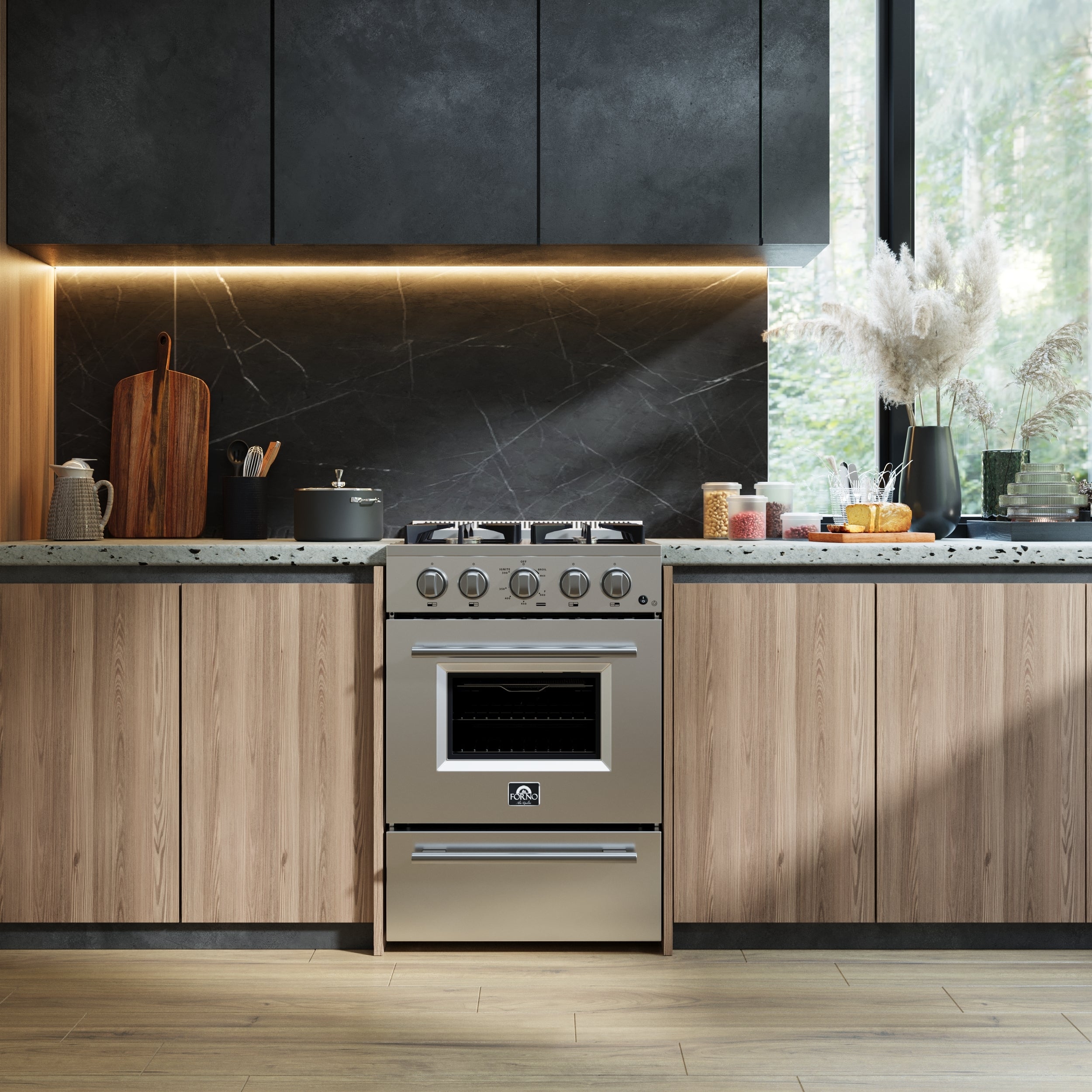 Forno Breno 24 in. 2.3 cu.ft. Stainless Steel Gas Range with 4 Burners, Air Fry Kit and Storage Drawer | FFSGS6272-24