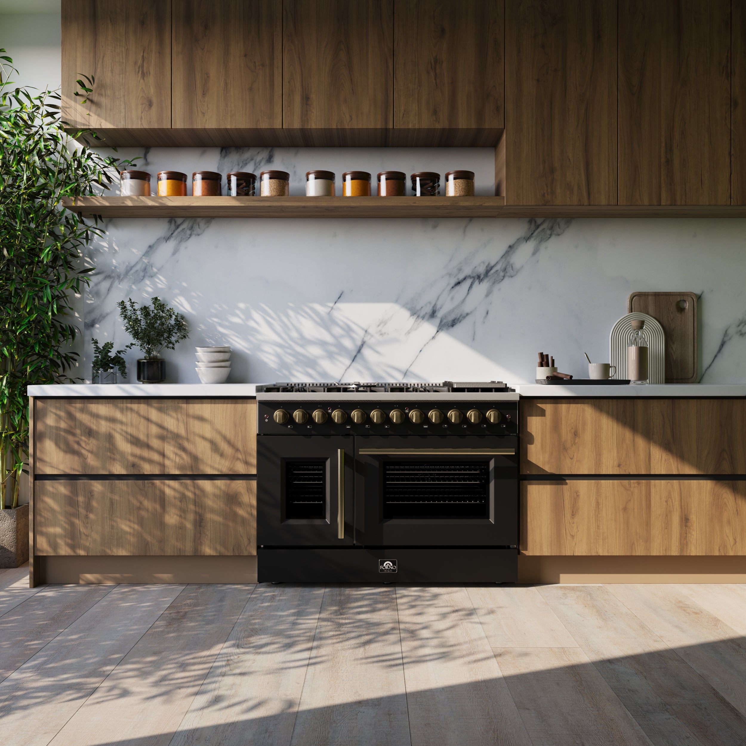 Forno Galiano 48 in. 6.58 cu. ft. 8-Burner Black French Door Dual Fuel Range with Antique Brass Accents | FFSGS6356-48BLK