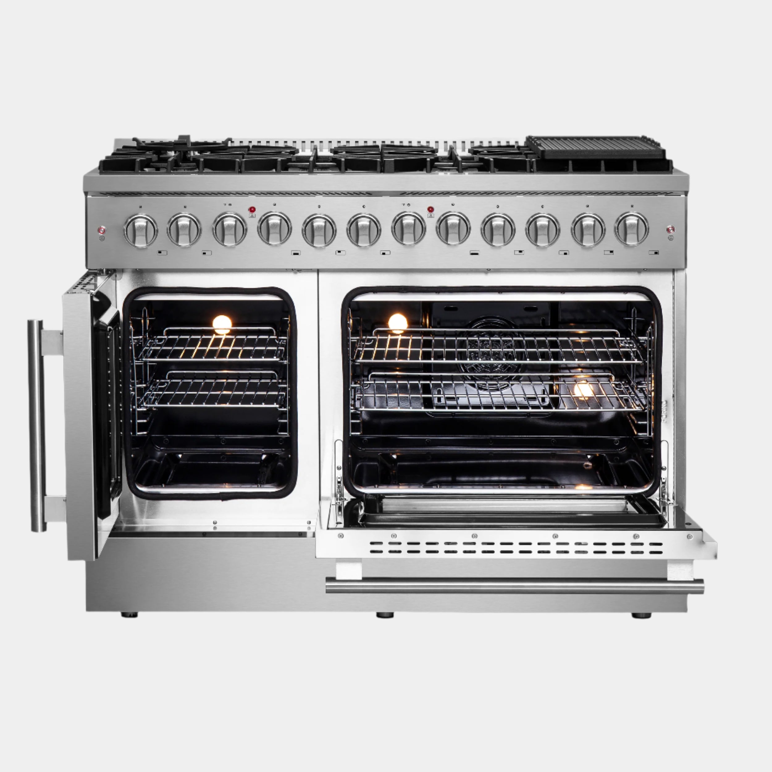 FORNO Galiano 48-Inch French Door Dual Fuel Range All Stainless Steel, 8 Sealed Burners, 107,000 BTU, Griddle, 6.58 cu.ft. Double Ovens