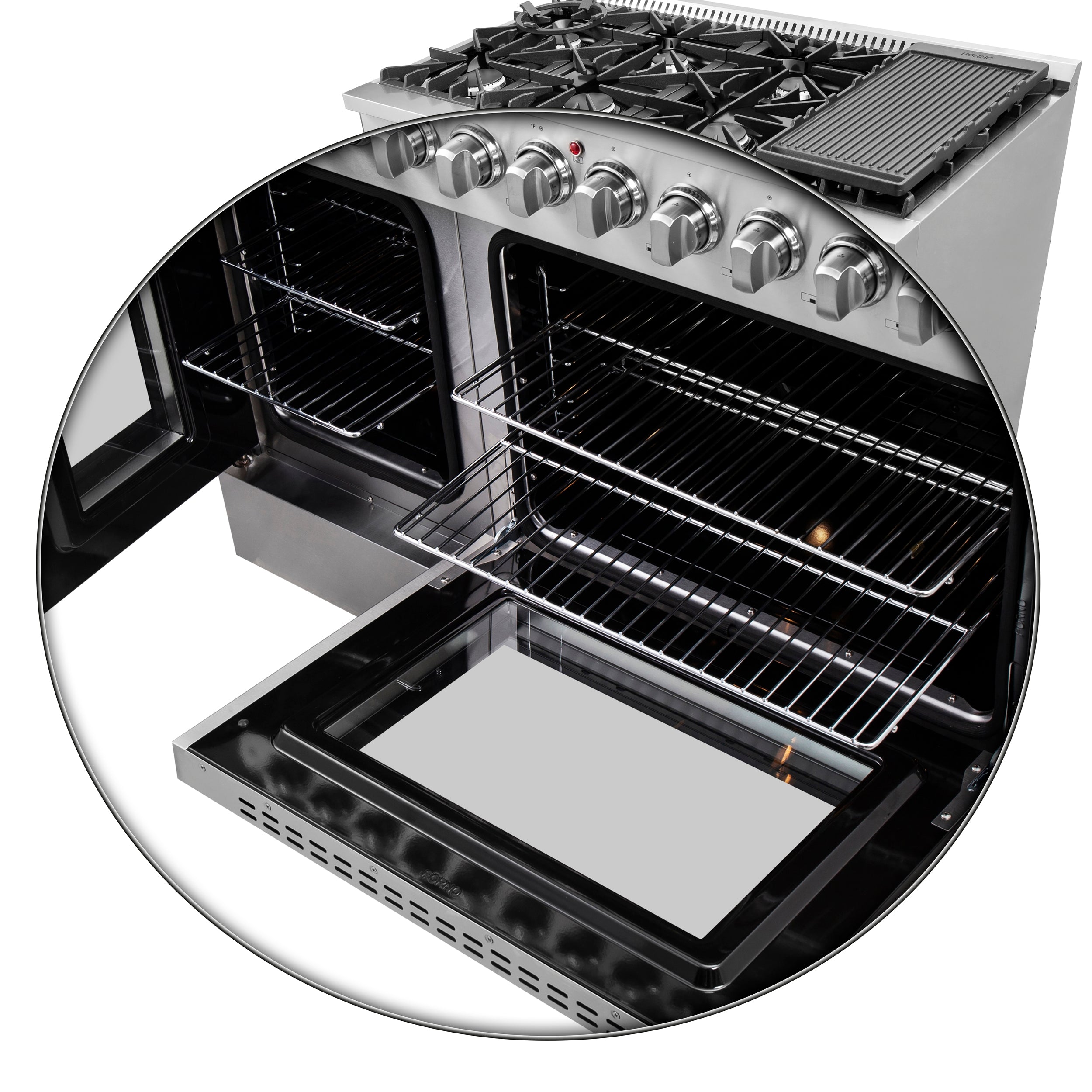 FORNO Galiano 48-Inch French Door Dual Fuel Range All Stainless Steel, 8 Sealed Burners, 107,000 BTU, Griddle, 6.58 cu.ft. Double Ovens