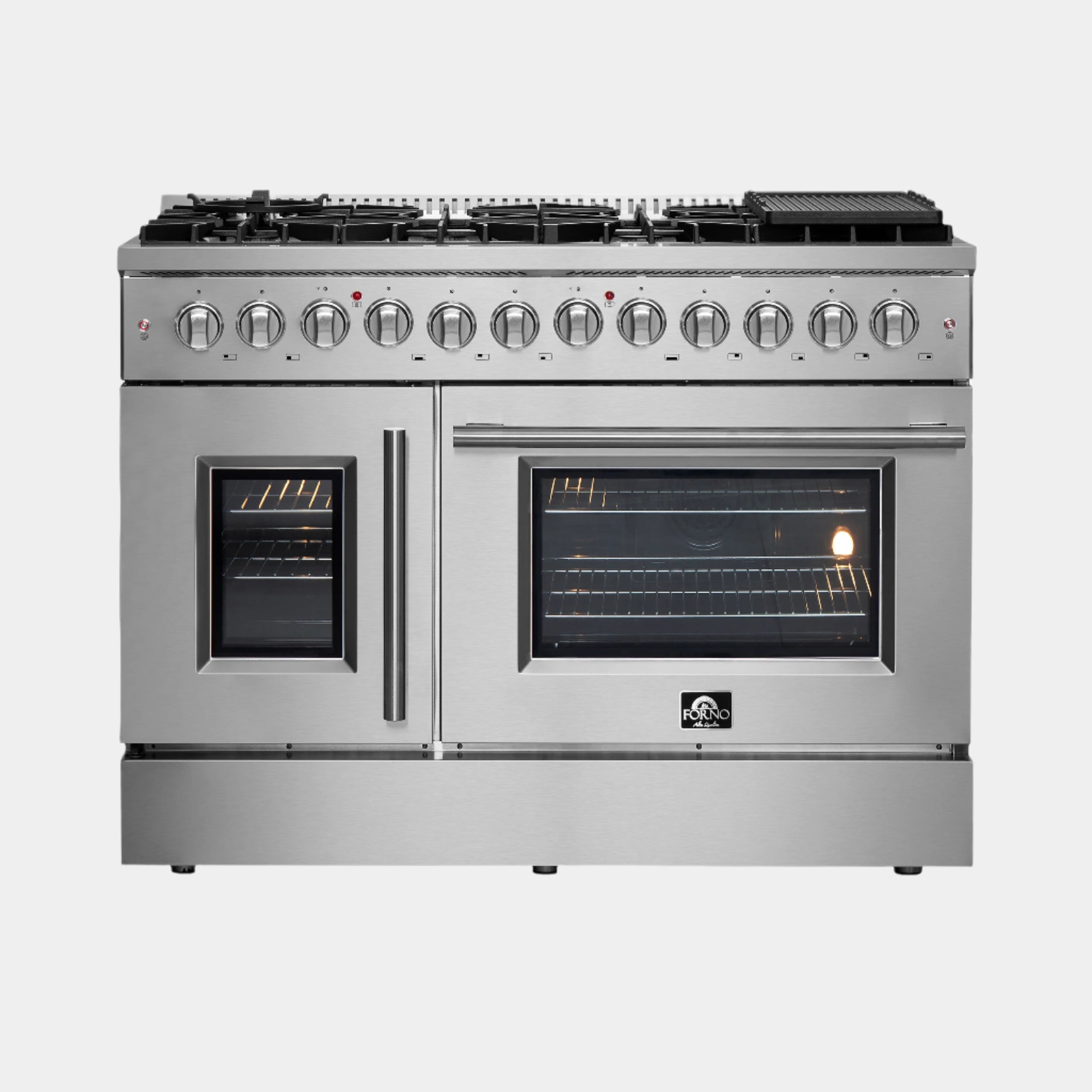 FORNO Galiano 48-Inch French Door Dual Fuel Range All Stainless Steel, 8 Sealed Burners, 107,000 BTU, Griddle, 6.58 cu.ft. Double Ovens