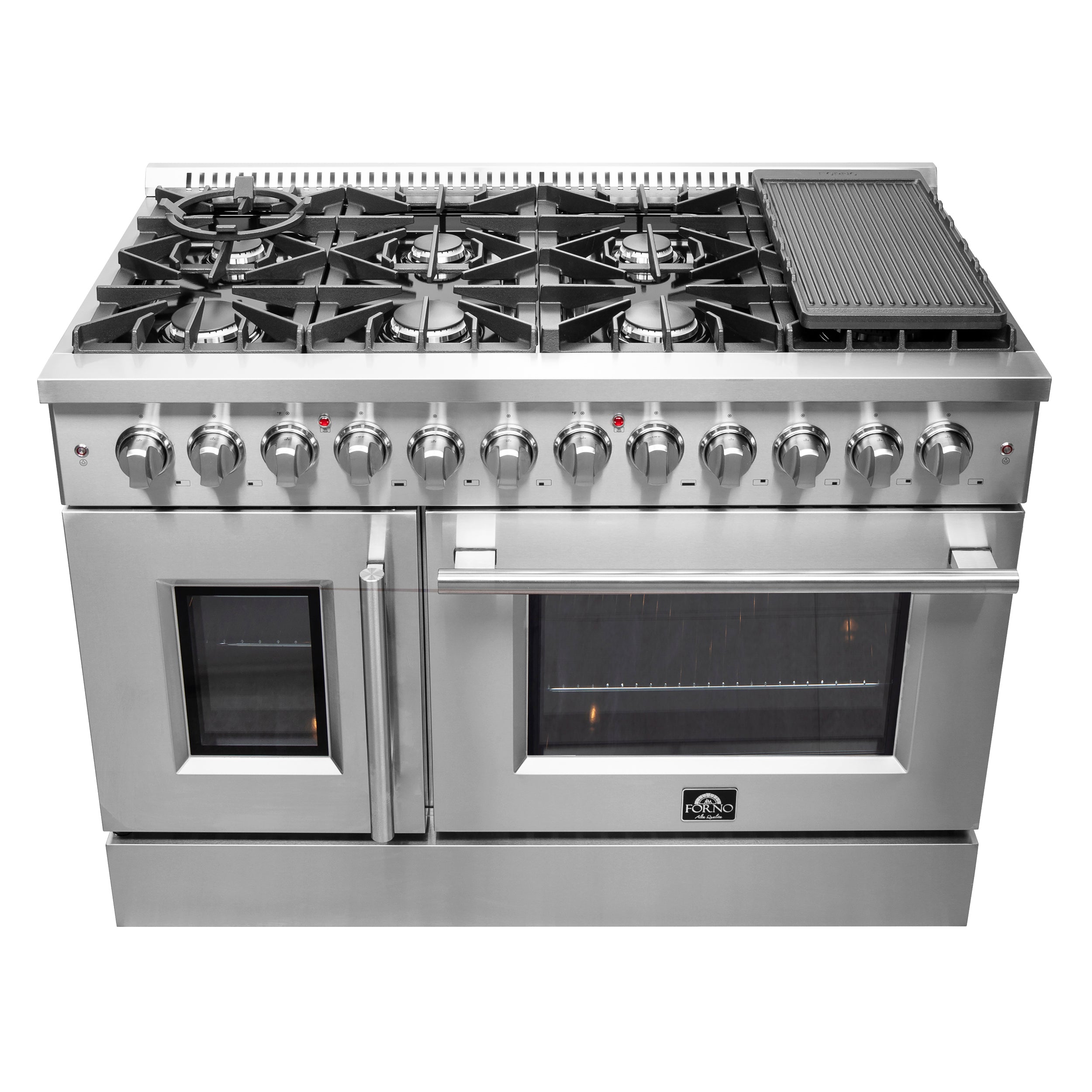FORNO Galiano 48-Inch French Door Dual Fuel Range All Stainless Steel, 8 Sealed Burners, 107,000 BTU, Griddle, 6.58 cu.ft. Double Ovens