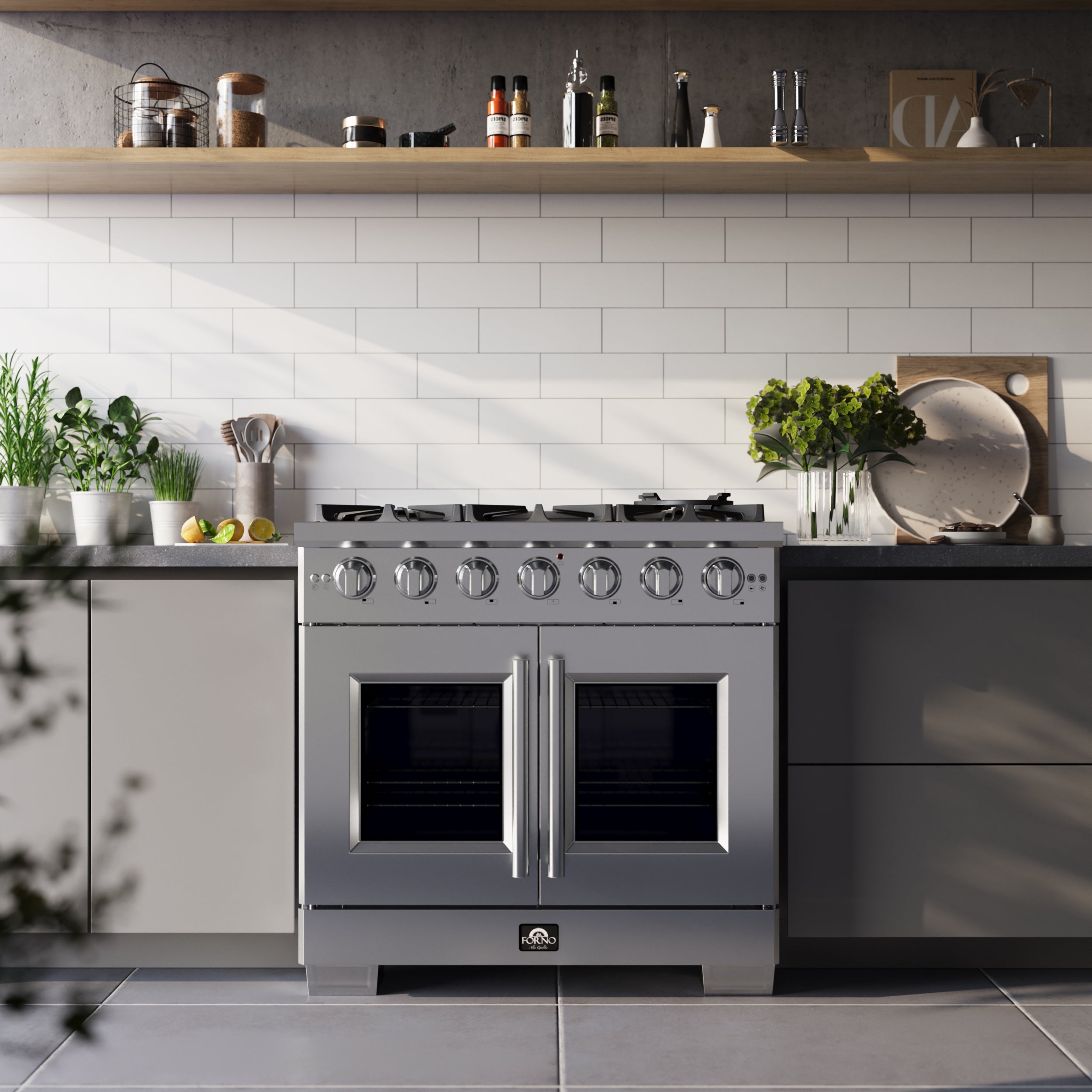 Forno Capriasca 36 in. 5.36 cu. ft. 6-Burner Stainless Steel French Door Gas Range with Brass Burners | FFSGS6460-36