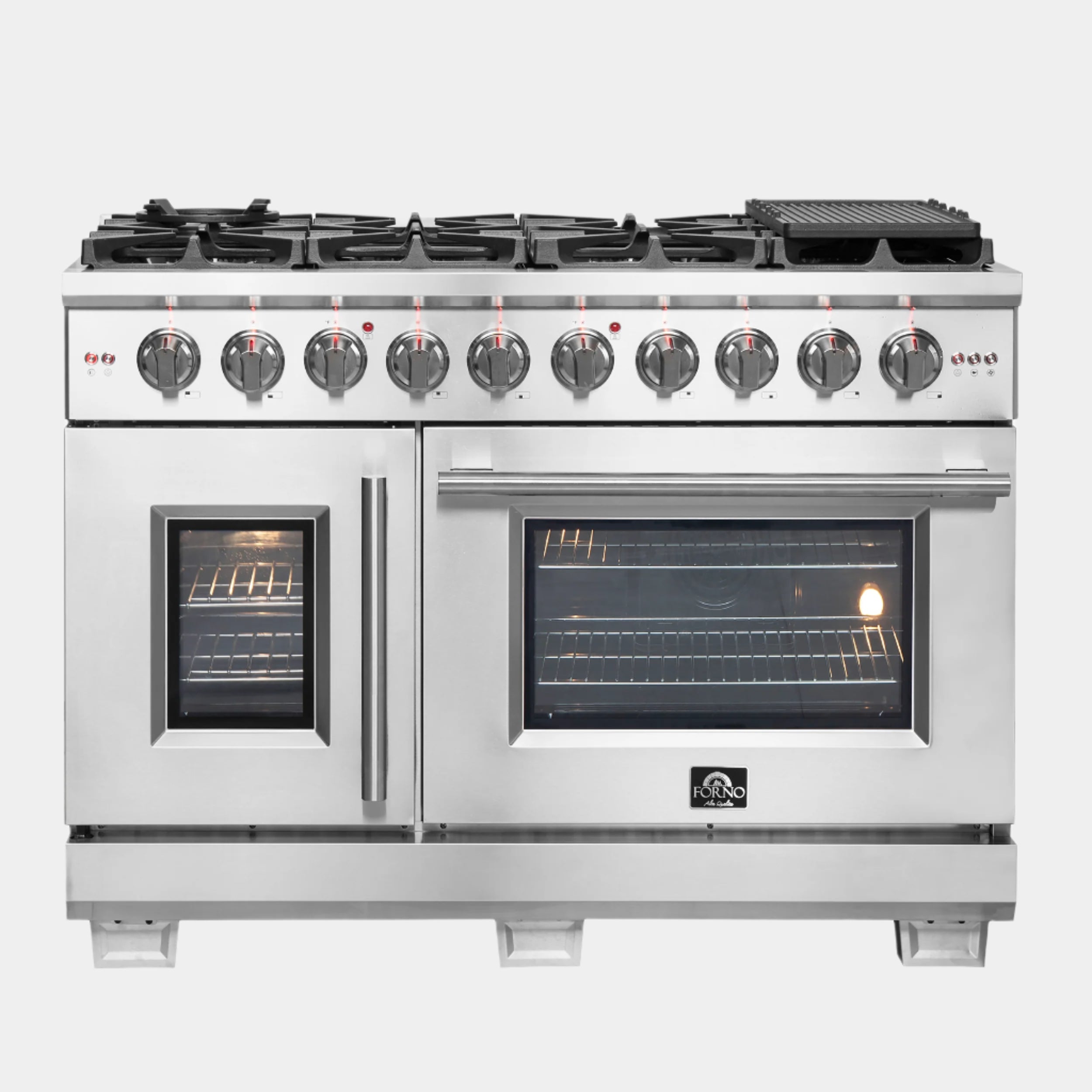 Forno Capriasca 48-Inch Freestanding French Door Gas Range, 8 Burners, Convection Oven, Energy Efficient