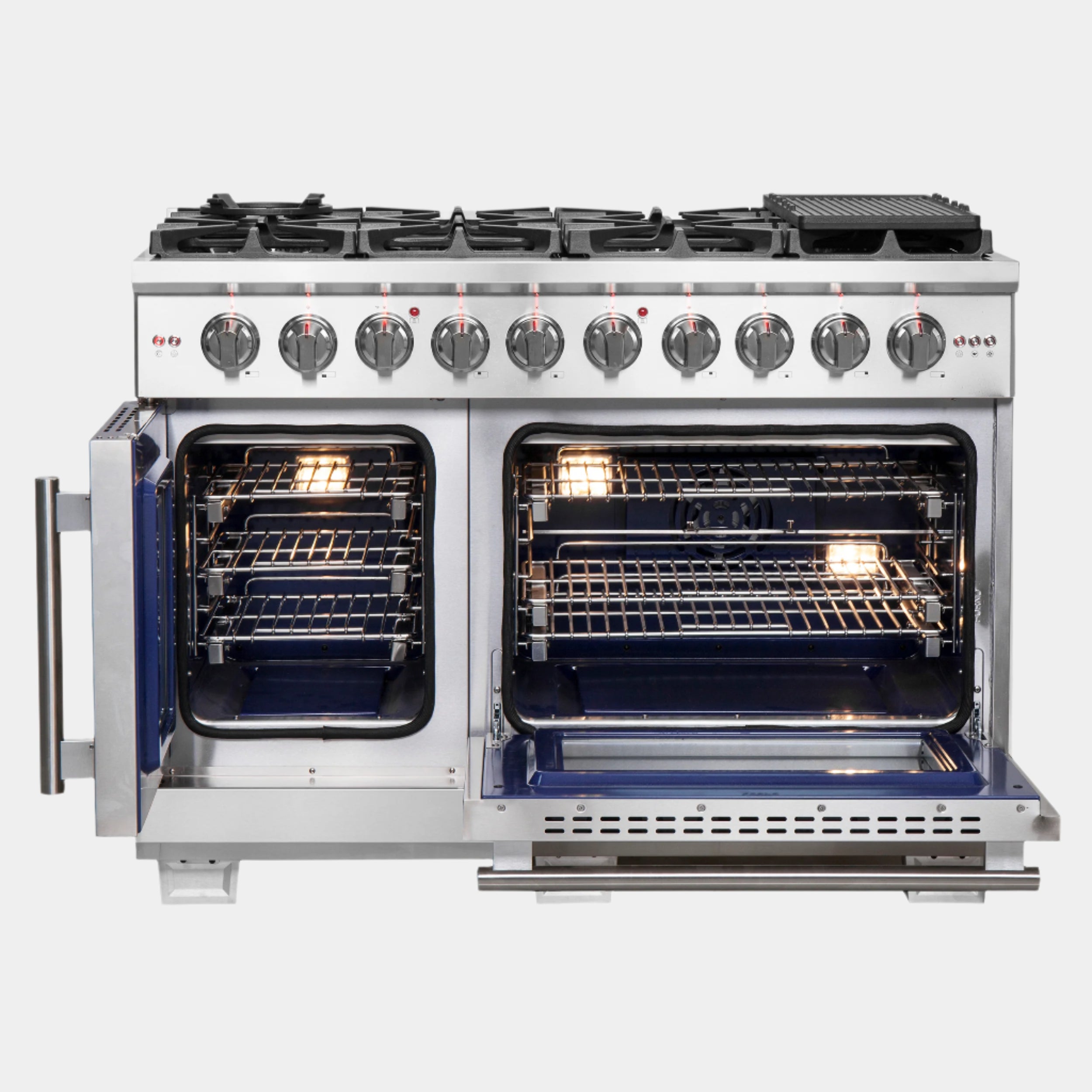 Forno Capriasca 48-Inch Freestanding French Door Gas Range, 8 Burners, Convection Oven, Energy Efficient