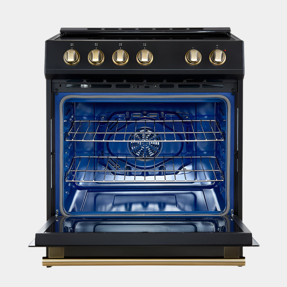 Forno Leonardo Espresso 30-Inch Slide-In Black Induction Range, Convection Oven, 5 Cooking Zones, Touch Control Panel