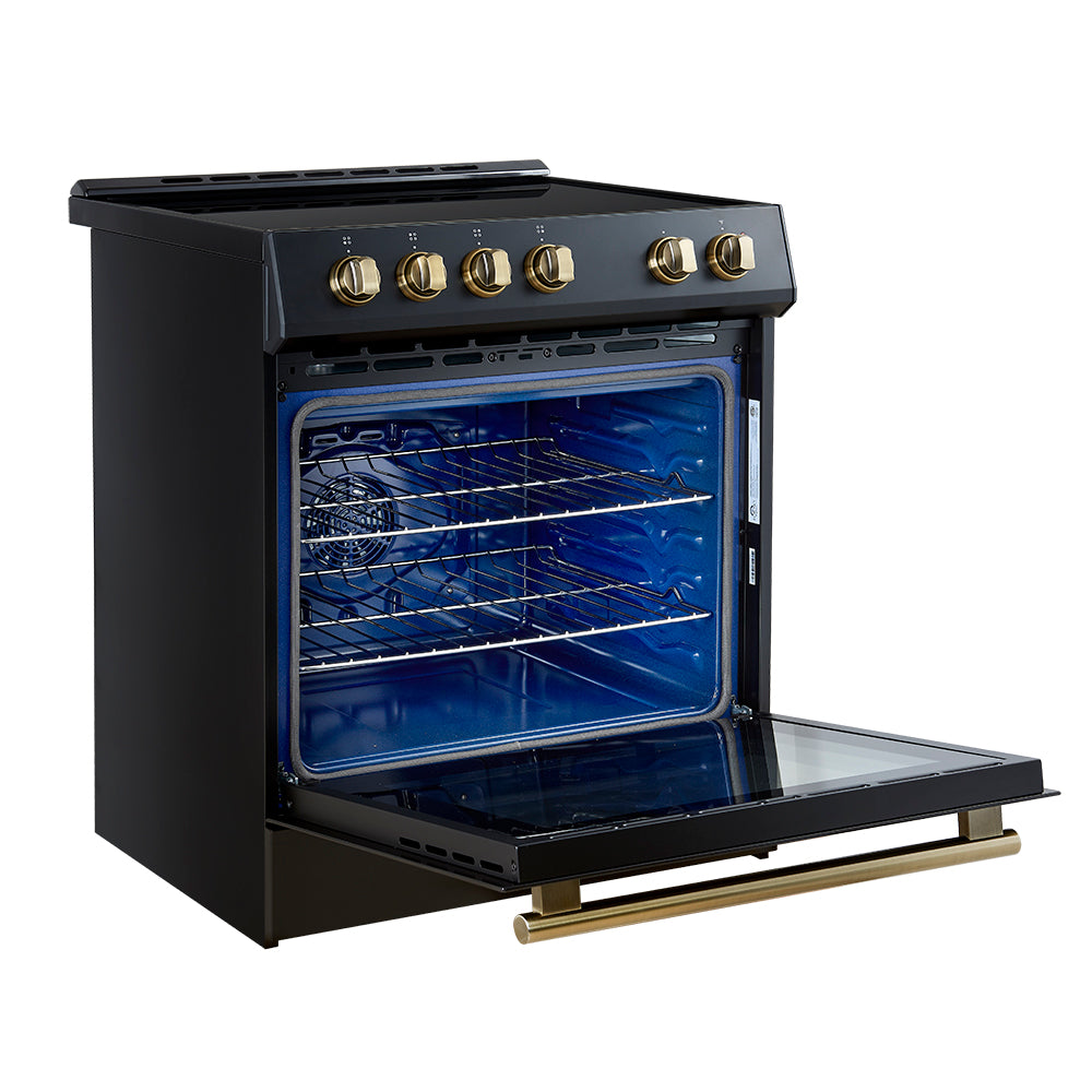 Forno Espresso Leonardo 30 in. 5 cu. ft. 4-Burner Black Induction Range with Antique Brass Accents | FFSIN0982-30BLK