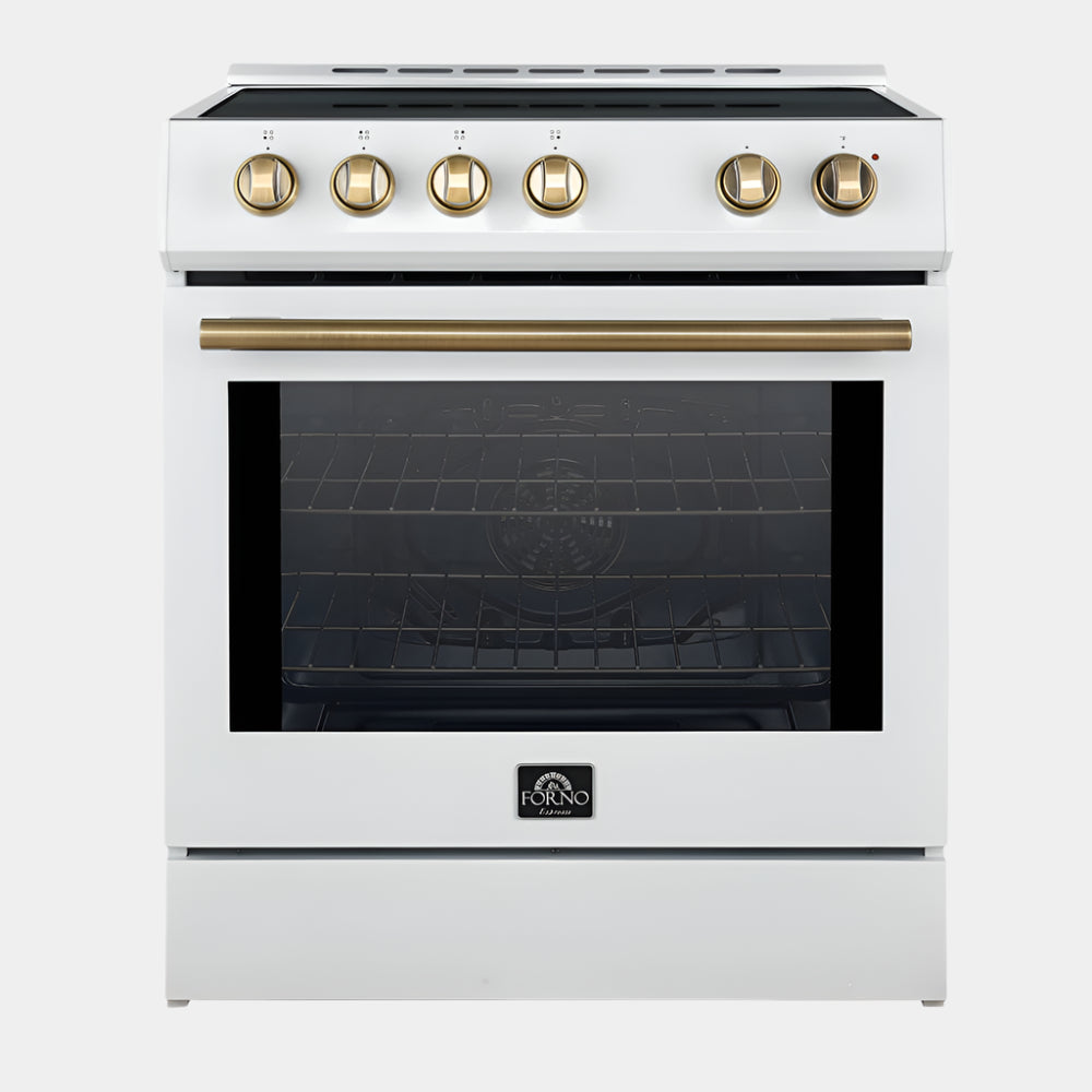Forno Leonardo Espresso 30-Inch Slide-In White Induction Range, Convection Oven, 5 Cooking Zones, Touch Control Panel