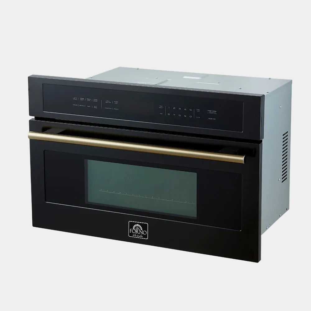 Forno Espresso Oliena 30 in. 1.6 cu.ft Black Built-In Microwave Oven with Antique Brass Accents | FMWDR3093-30BLK