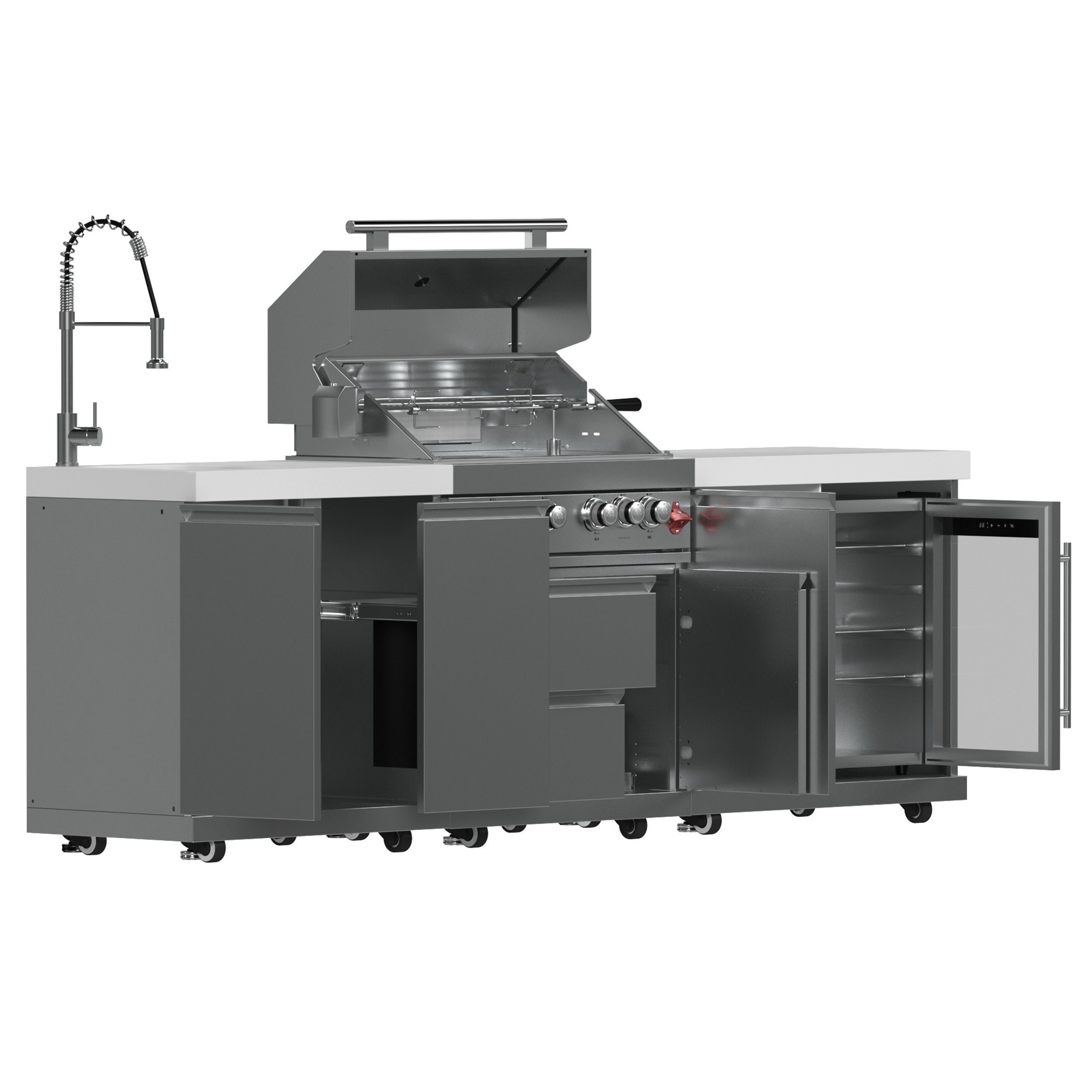 FORNO Bulnes 30-Inch BBQ, 60,000 BTU, 3 Burners with Sear & Rotisserie Infrared Burners, Stainless Steel Outdoor Kitchen with 1.8 cu.ft. Beverage Center & White Sintered Stone Countertops