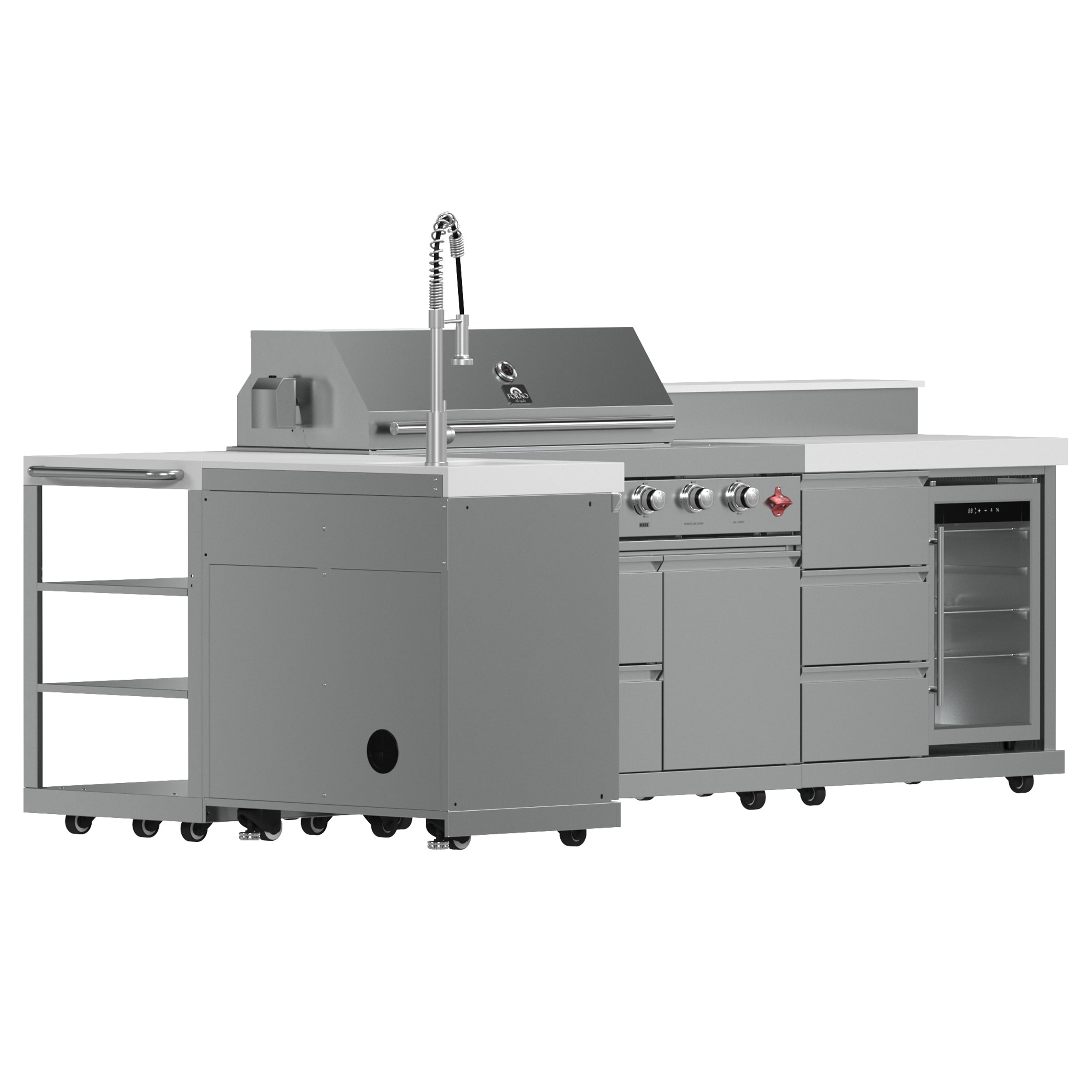 FORNO Bulnes 40-Inch BBQ, 95,000 BTU, 5 Burners, Sear & Rotisserie Infrared with Side Burner, Stainless Steel Outdoor Kitchen with 1.8 cu.ft. Beverage Center & White Sintered Stone Countertops