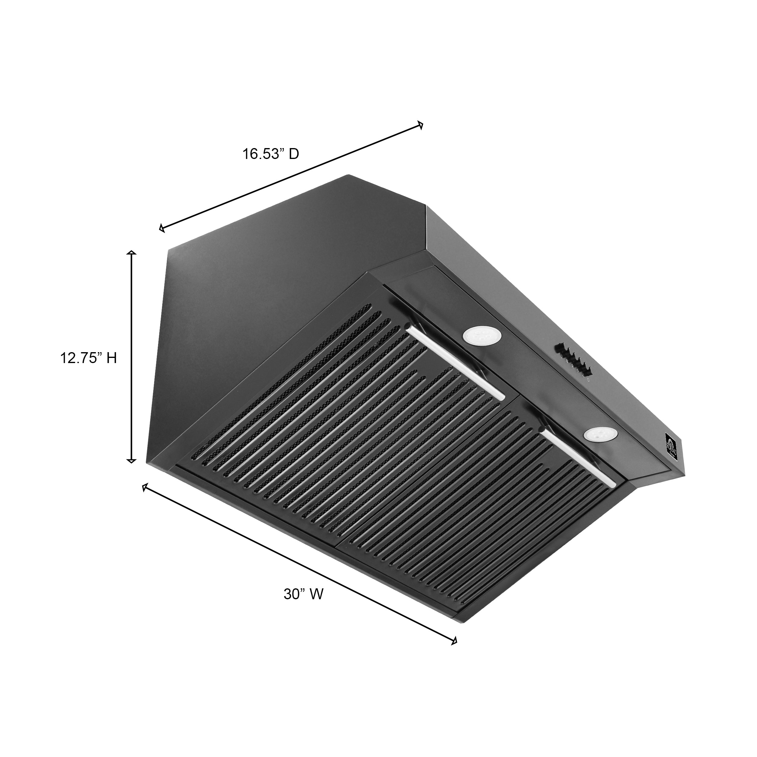 Forno Espresso Bari 30 in. 400 CFM Black Under-Counter Range Hood with Antique Brass Accents | FRHUC5255-30BLK