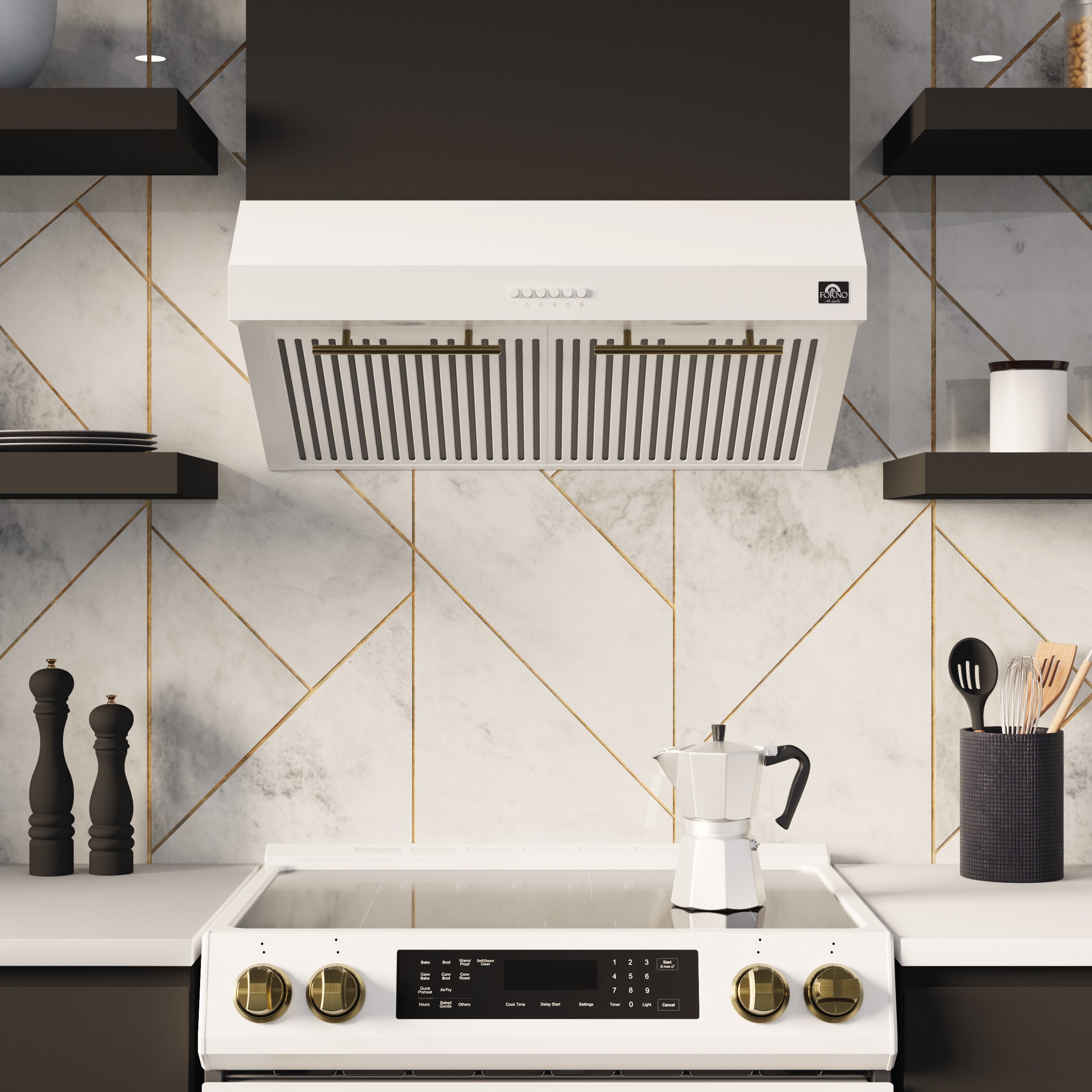 Forno Espresso Bari 30 in. 400 CFM White Under-Counter Range Hood with Antique Brass Accents | FRHUC5255-30WHT
