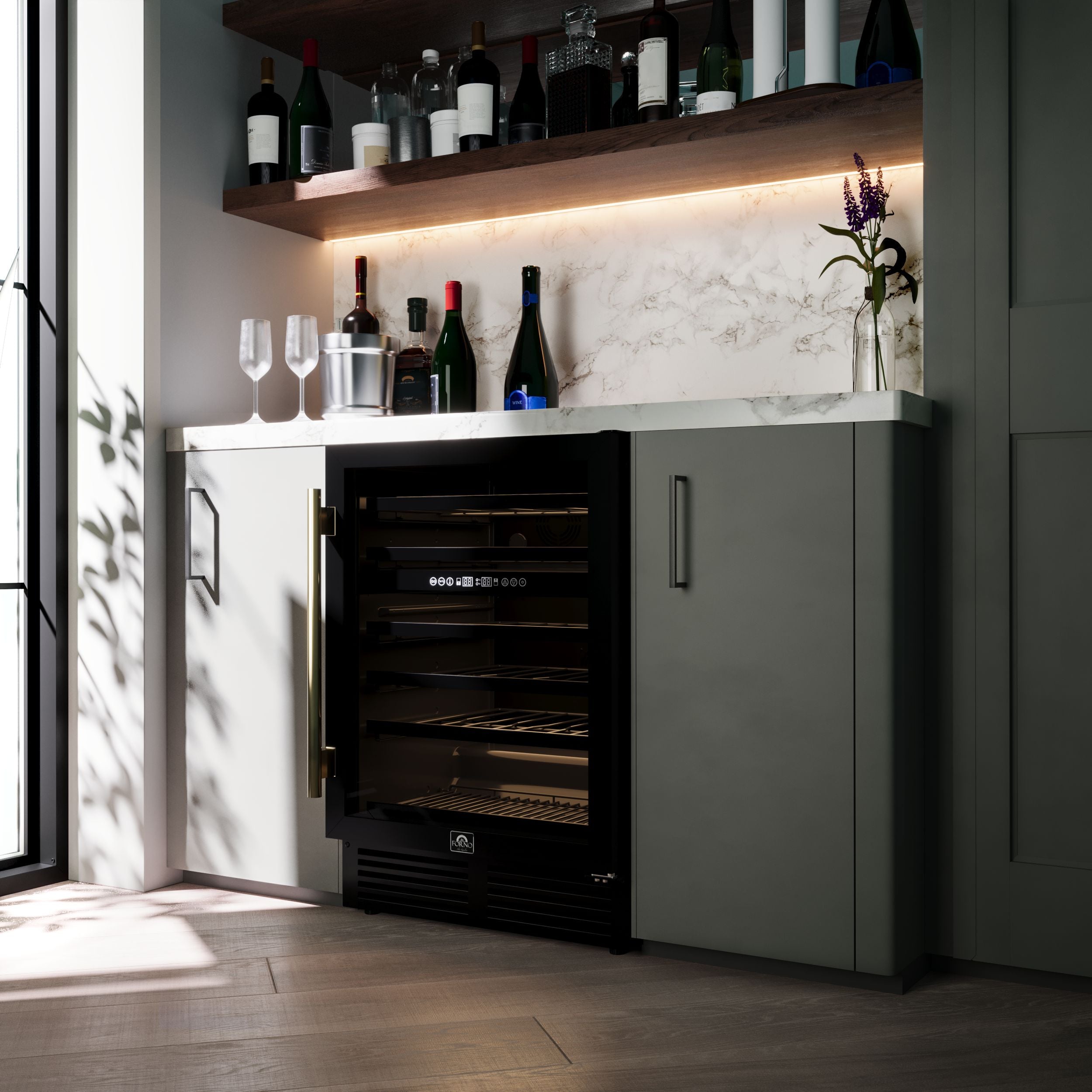 Forno Bacchino 24 in. Black 51 Bottle Dual Zone Wine Cooler with LED Lighting, Triple Glass Door and Antique Brass Handle | FWCDR6634-24BLK