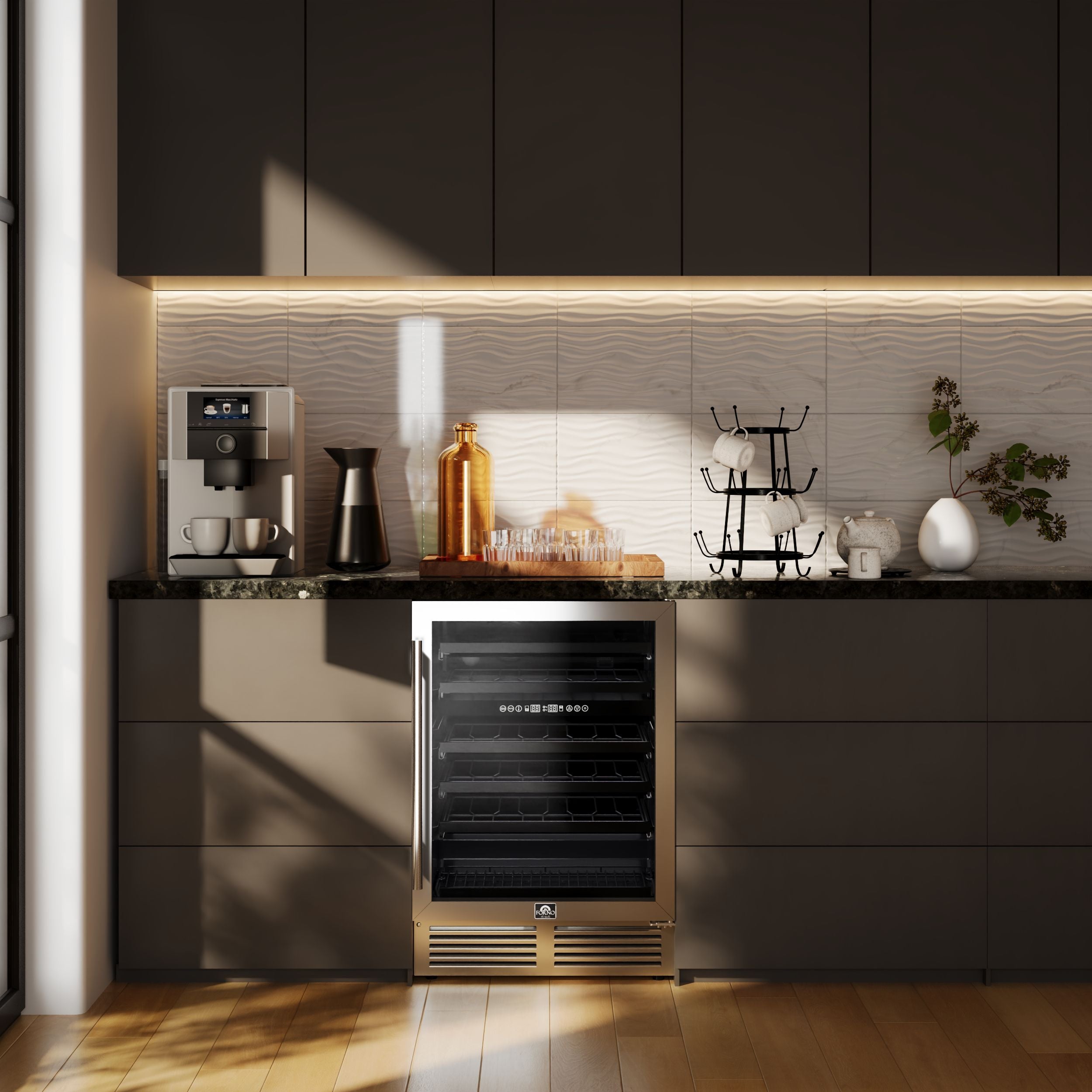 Forno Bacchino 24 in. Stainless Steel 51 Bottle Dual Zone Wine Cooler with LED Lighting and Triple Glass Door | FWCDR6634-24S