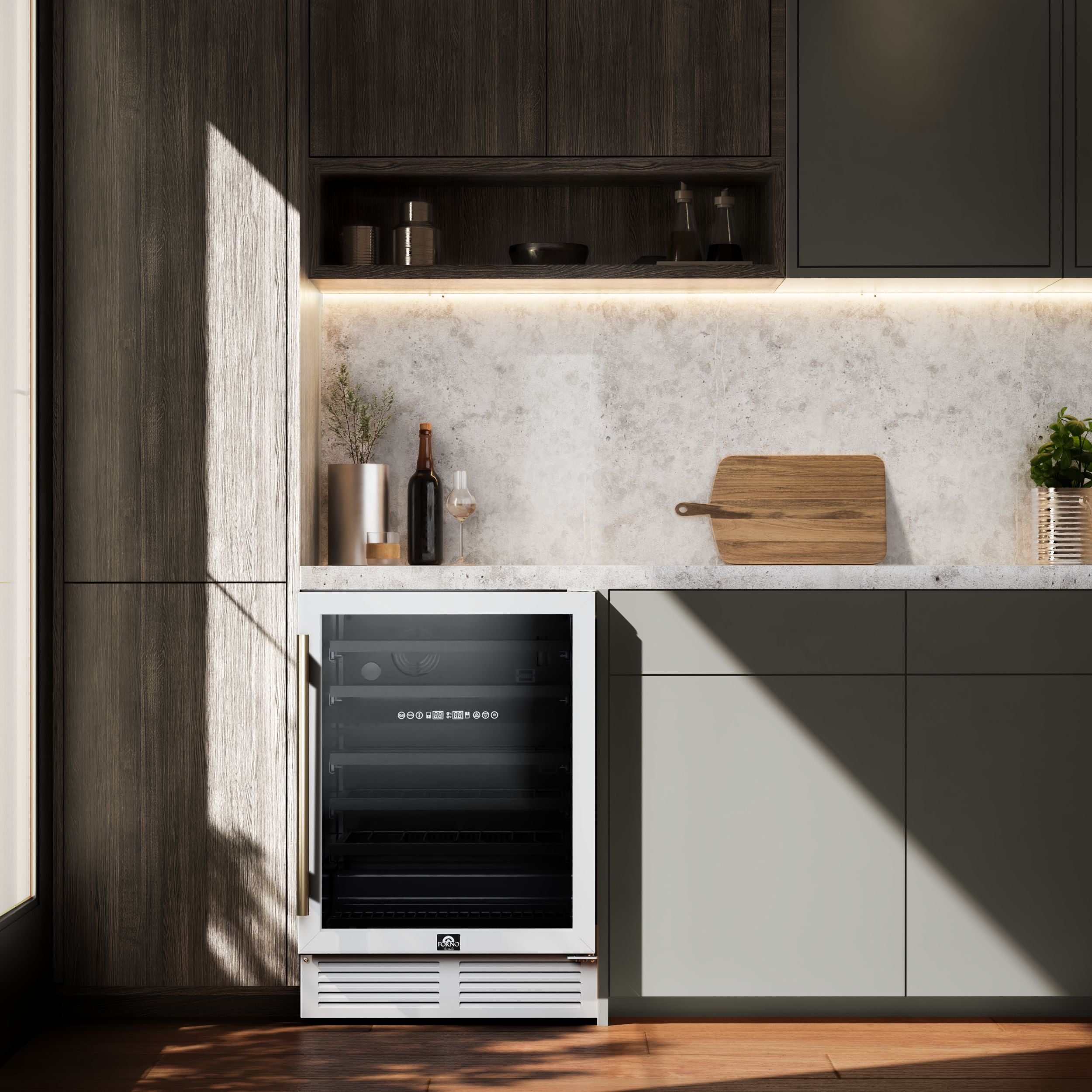 Forno Bacchino 24 in. White 51 Bottle Dual Zone Wine Cooler with LED Lighting, Triple Glass Door and Antique Brass Handle | FWCDR6634-24WHT