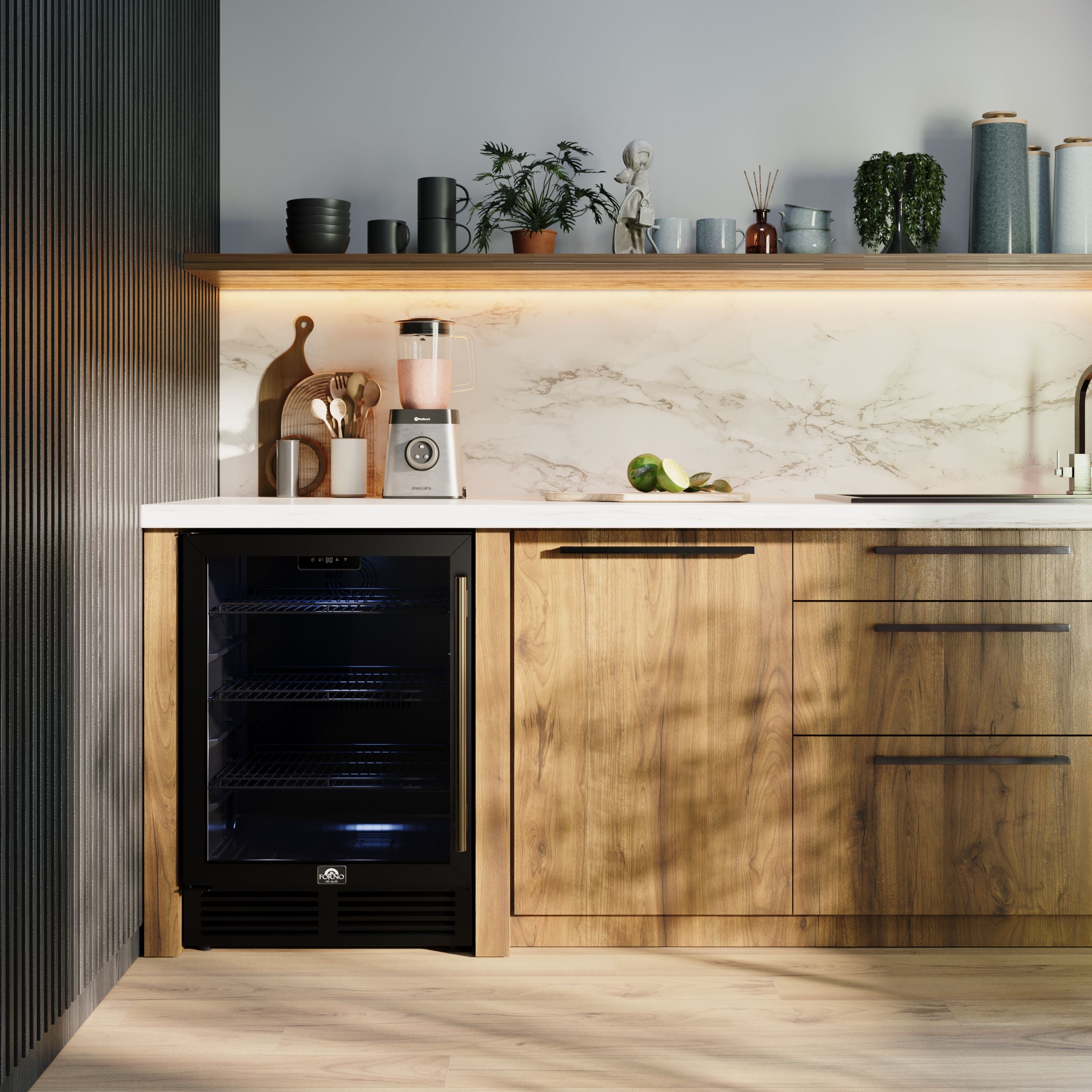 Forno Frescolino 24 in. Black 188 Can Single Zone Beverage Cooler with Triple Glass Door and Antique Brass Handle | FWCDR6665-24BLK