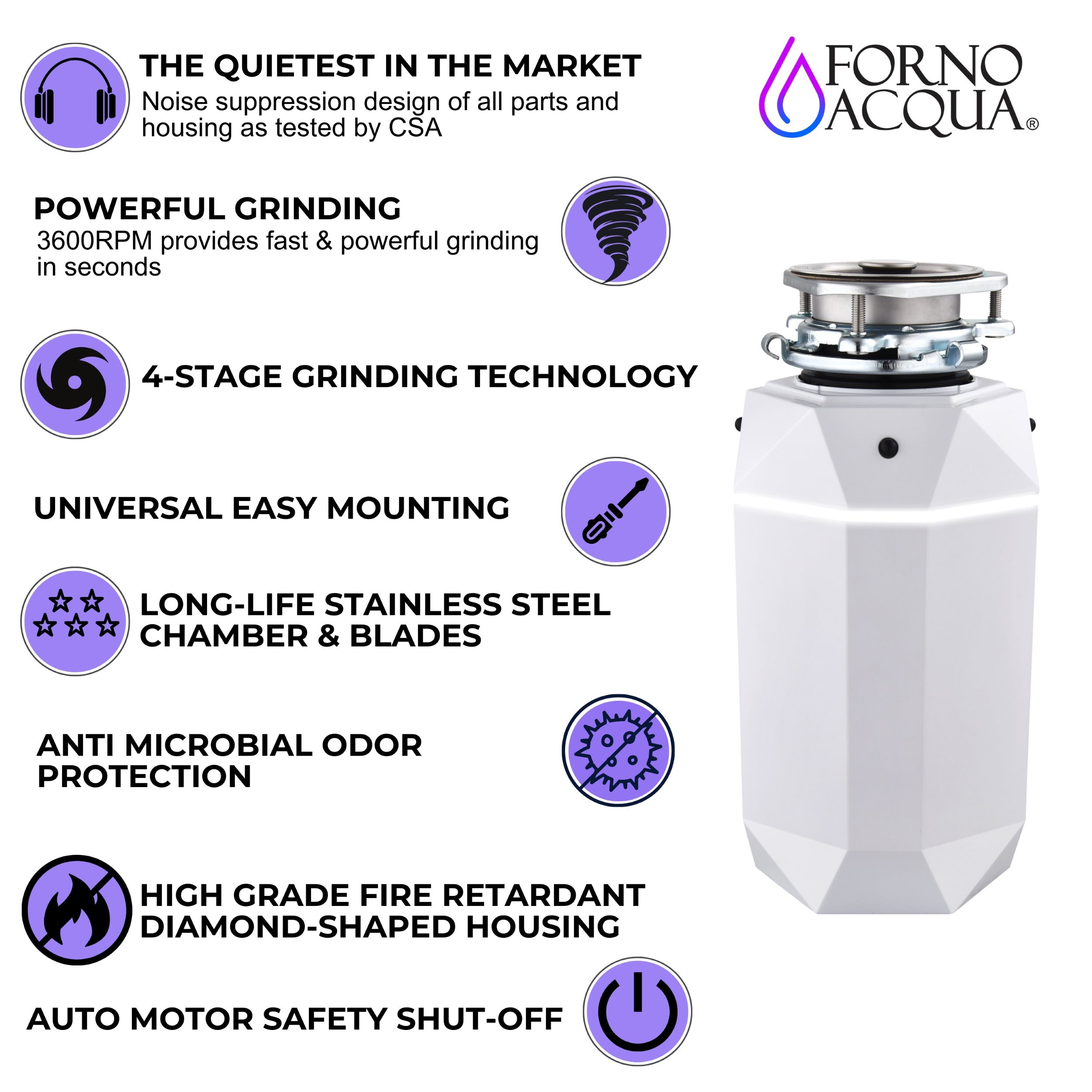 FORNO ACQUA BrightDIAMOND Moonstone 3/4HP Super Quiet Garbage Disposal Corded with Motion Sensor Cabinet Light & Pre-Wired Air Switch