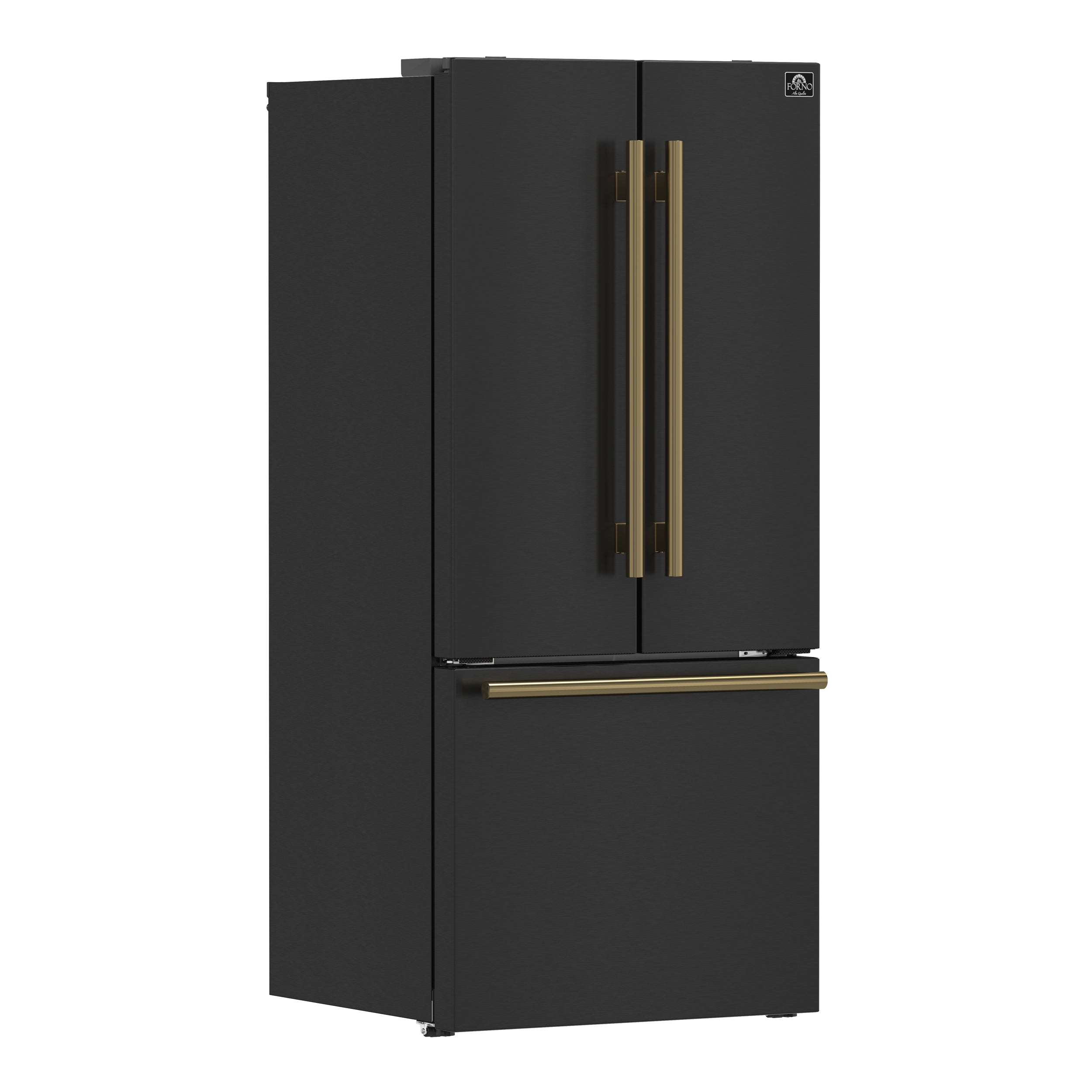 Forno Espresso Gallipoli 30 in. 17.5 cu.ft. Black French Door Refrigerator with Ice Maker and Antique Brass Handles | FFFFD1974-31BLK