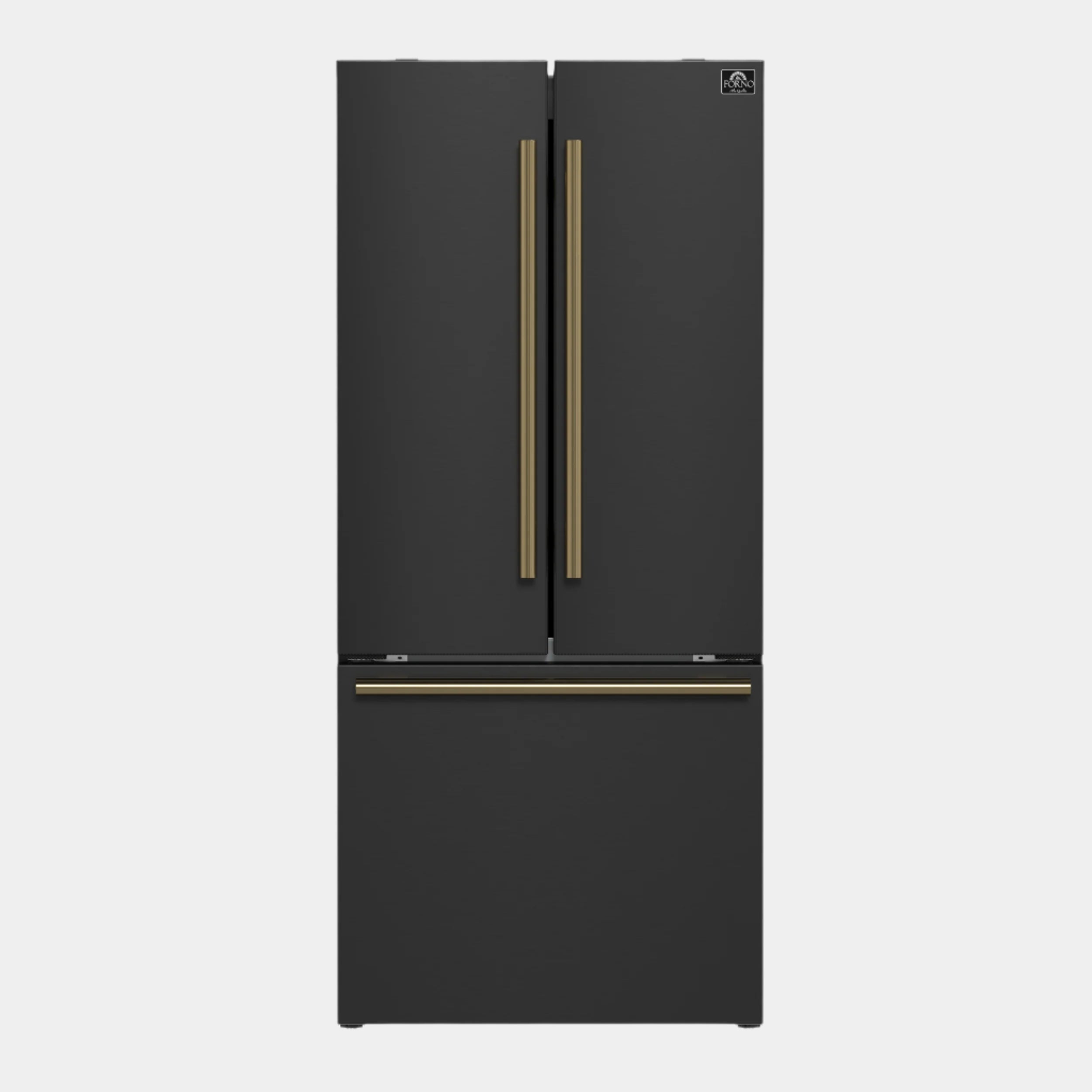 Forno Espresso Gallipoli 30 in. 17.5 cu.ft. Black French Door Refrigerator with Ice Maker and Antique Brass Handles | FFFFD1974-31BLK