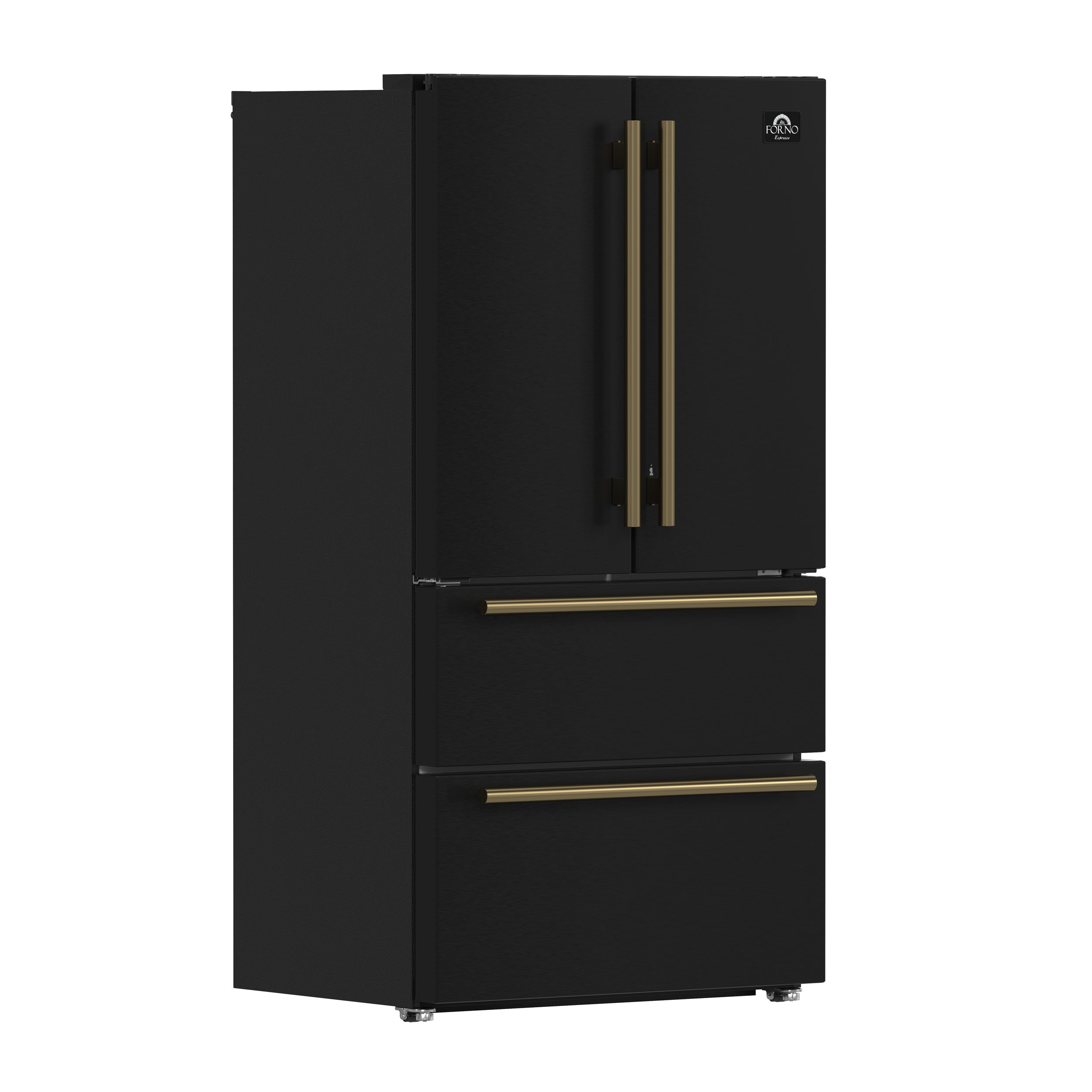Forno Espresso Moena 36 in. 19.2 cu. ft. Counter Depth Black Refrigerator with Ice Maker and Antique Brass Handles | FFRBI1820-36BLK