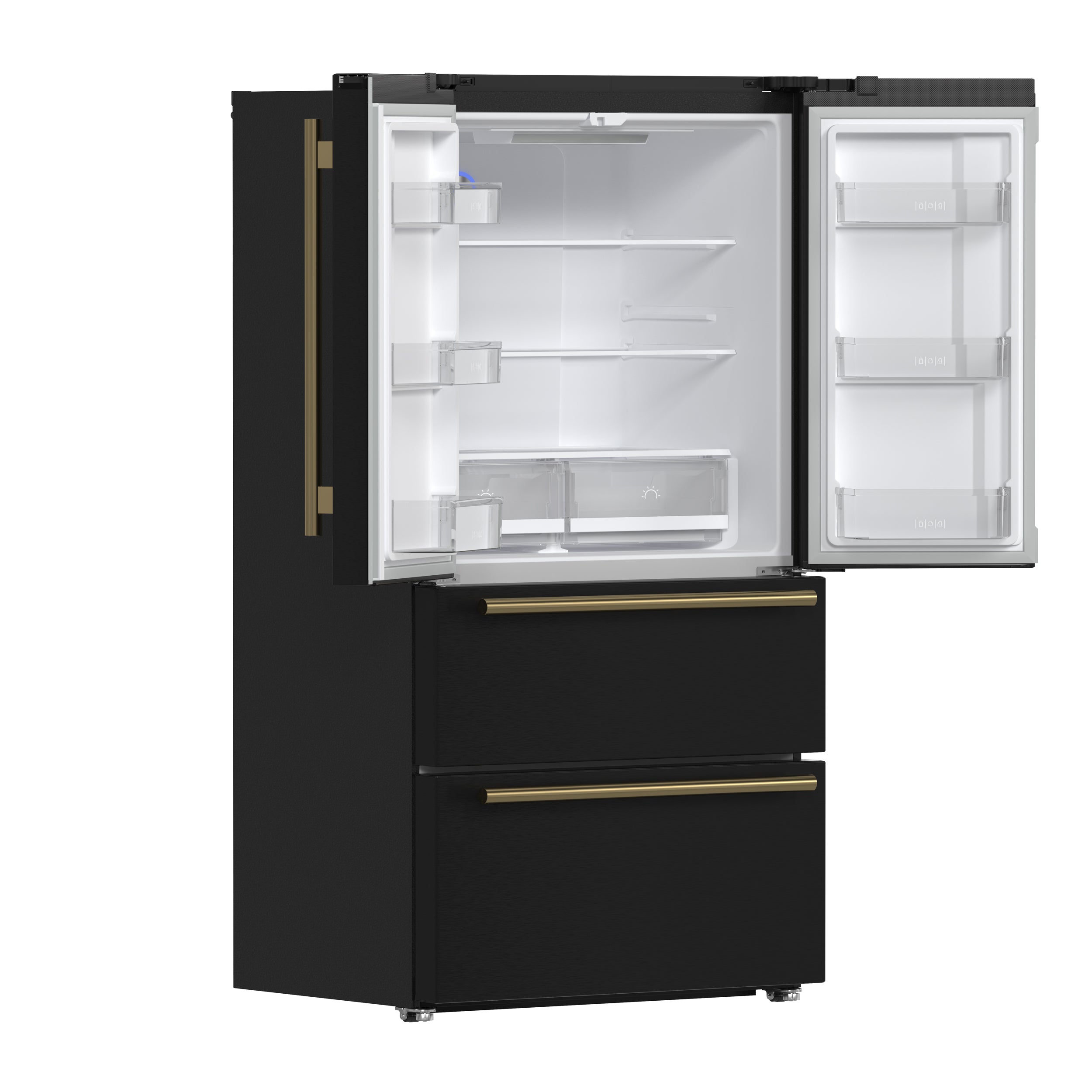 Forno Espresso Moena 36 in. 19.2 cu. ft. Counter Depth Black Refrigerator with Ice Maker and Antique Brass Handles | FFRBI1820-36BLK