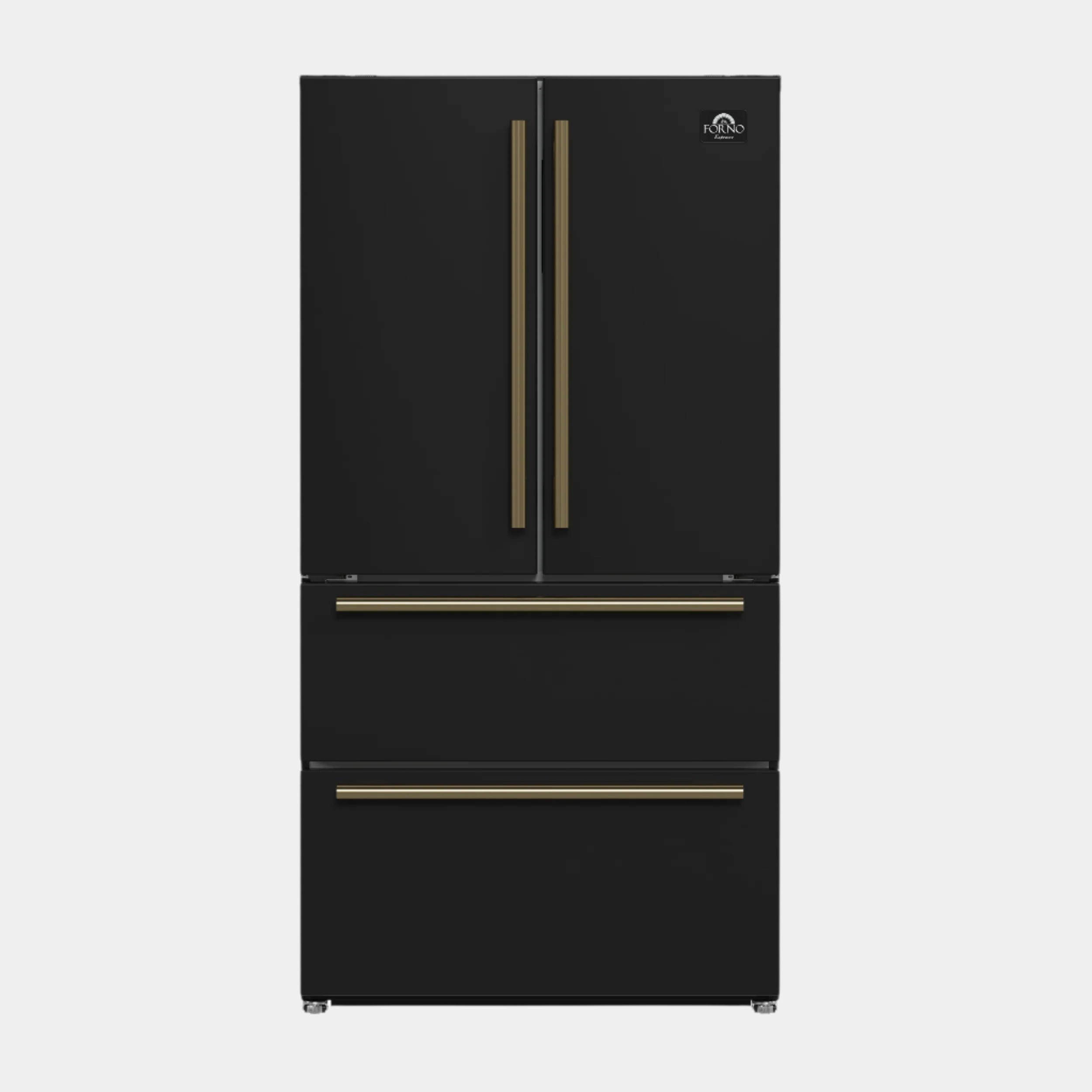 Forno Espresso Moena 36 in. 19.2 cu. ft. Counter Depth Black Refrigerator with Ice Maker and Antique Brass Handles | FFRBI1820-36BLK