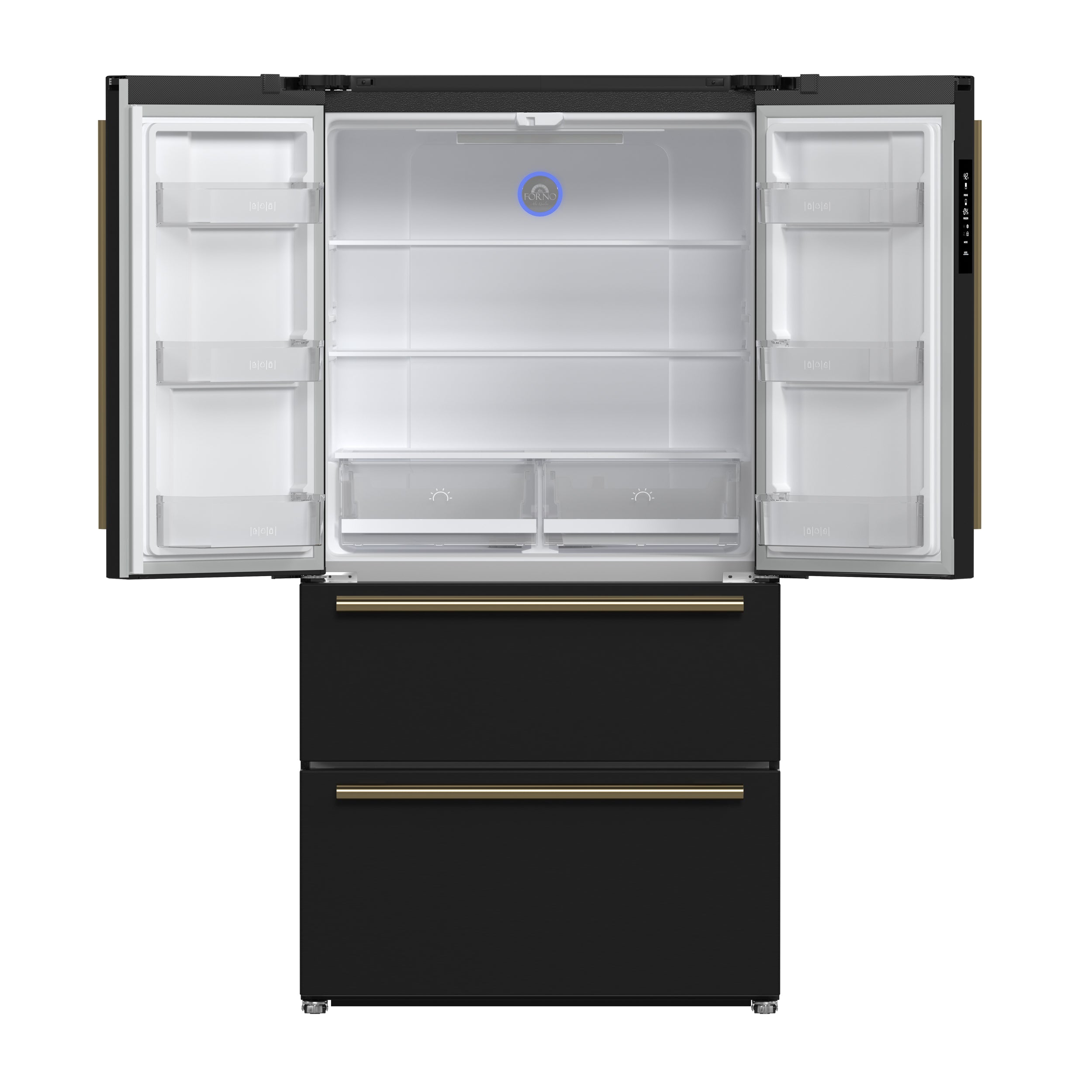 Forno Espresso Moena 36 in. 19.2 cu. ft. Counter Depth Black Refrigerator with Ice Maker and Antique Brass Handles | FFRBI1820-36BLK