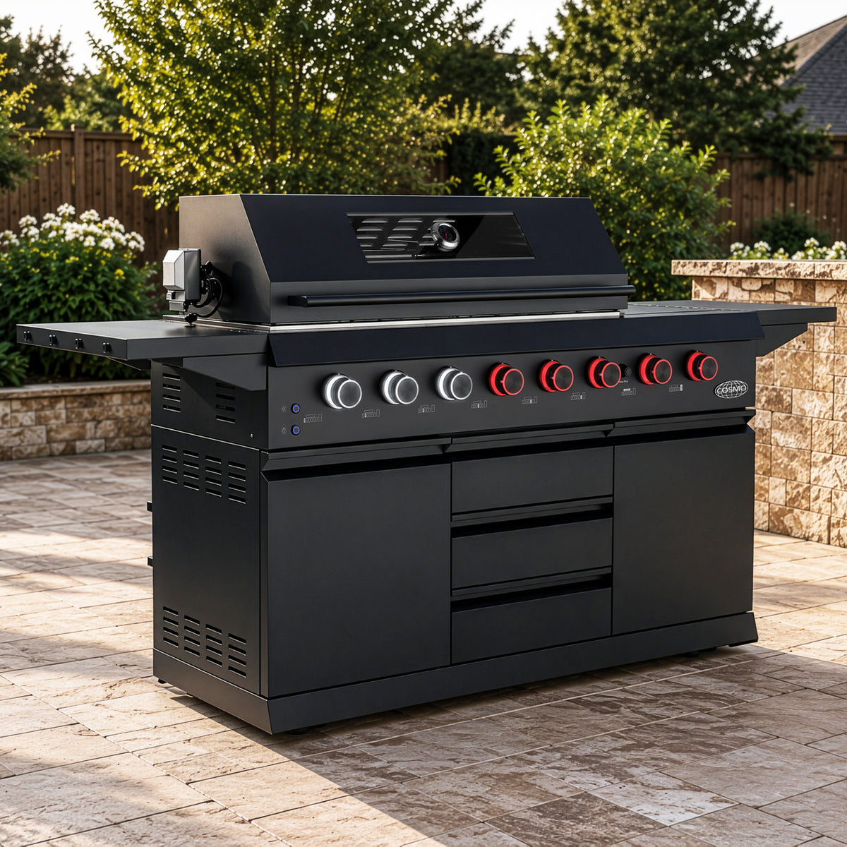 Cosmo Newport 58 in. Black Propane Gas Grill with Side Griddle, Infrared Rotisserie and Knob LEDs | COS-GGFN587GBK