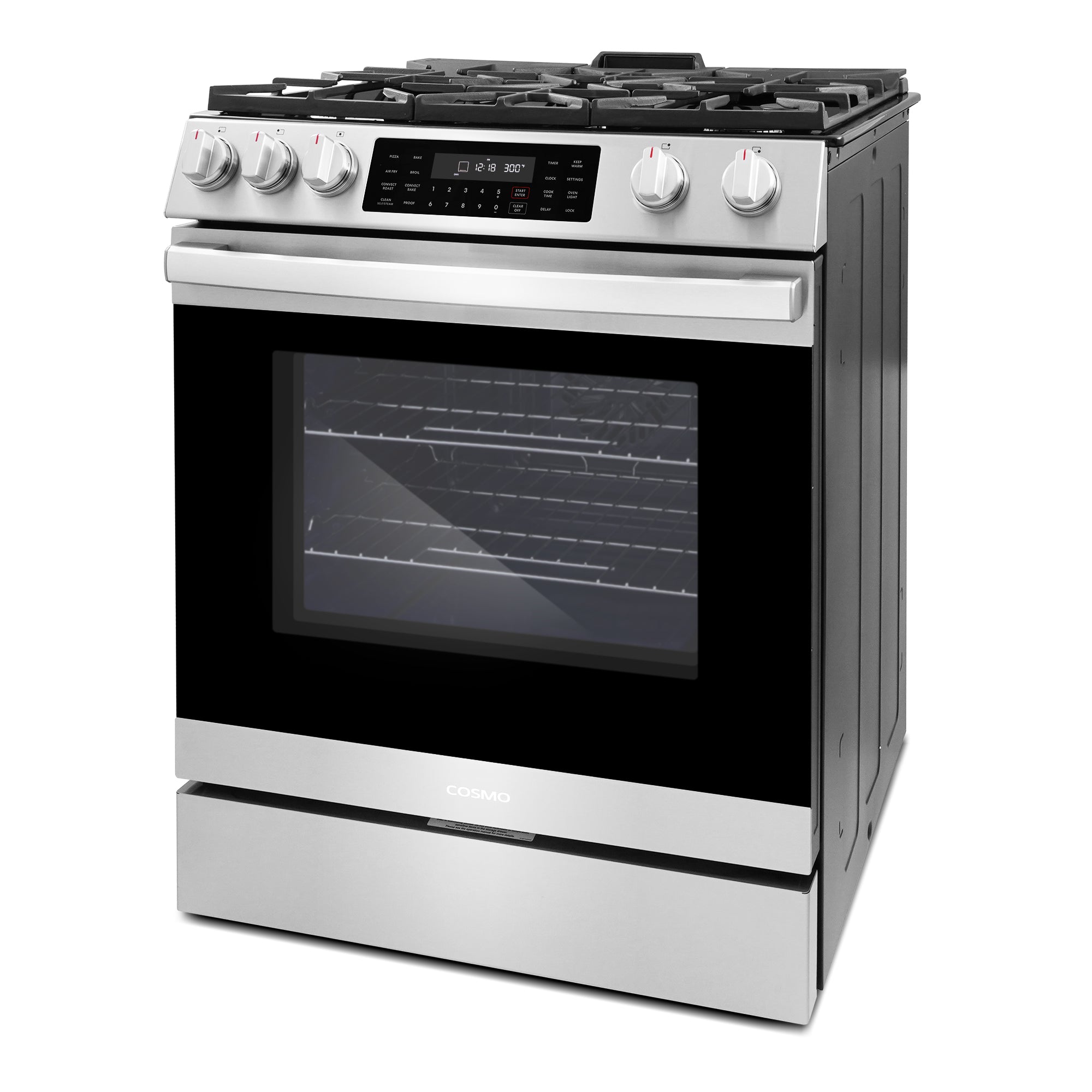 Cosmo Lumin 30 in. 6.1 cu. ft. Stainless Steel Gas Range with Self-Clean, Air Fry and Storage Drawer | COS-GRC305KTD